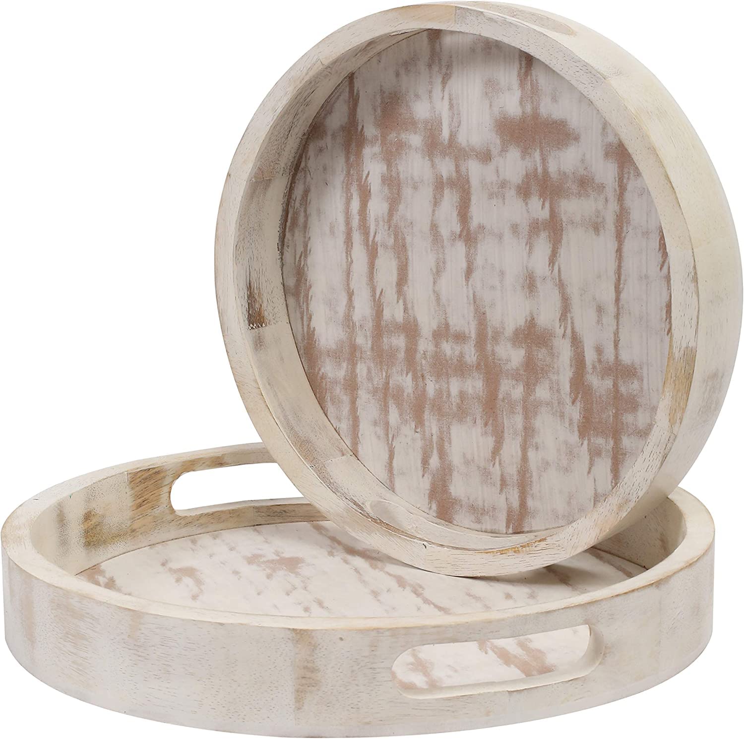 White Lift Decorative Coffee Table Tray, Wooden Round Serving Set For Living Room, Ottoman Or Side Table, Set Of 2 Countertop Fr