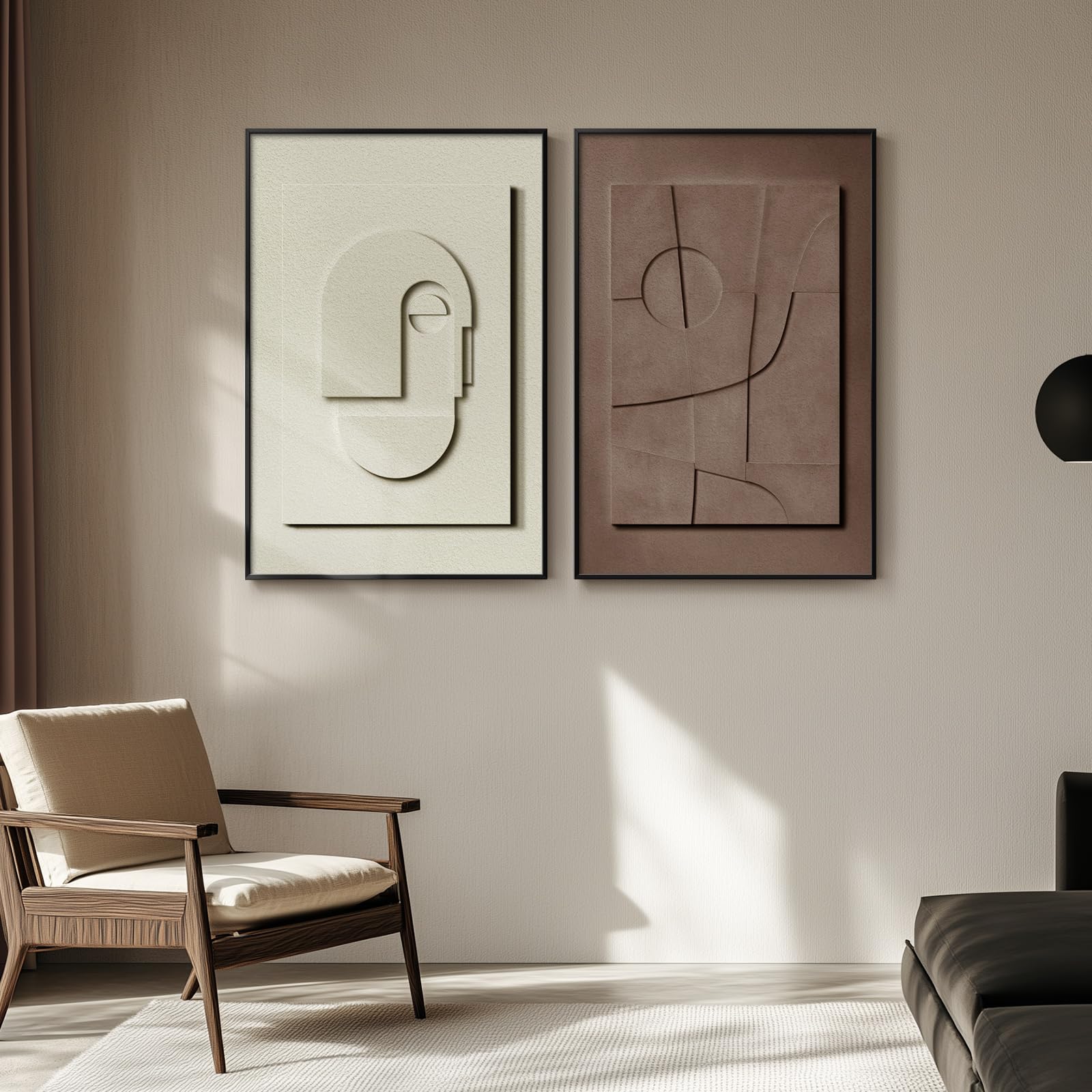 Large Framed Abstract 3D Textured Wall Art For Living Room, 3-Piece Modern Neutral Artwork For Walls, Geometric Brown White Text