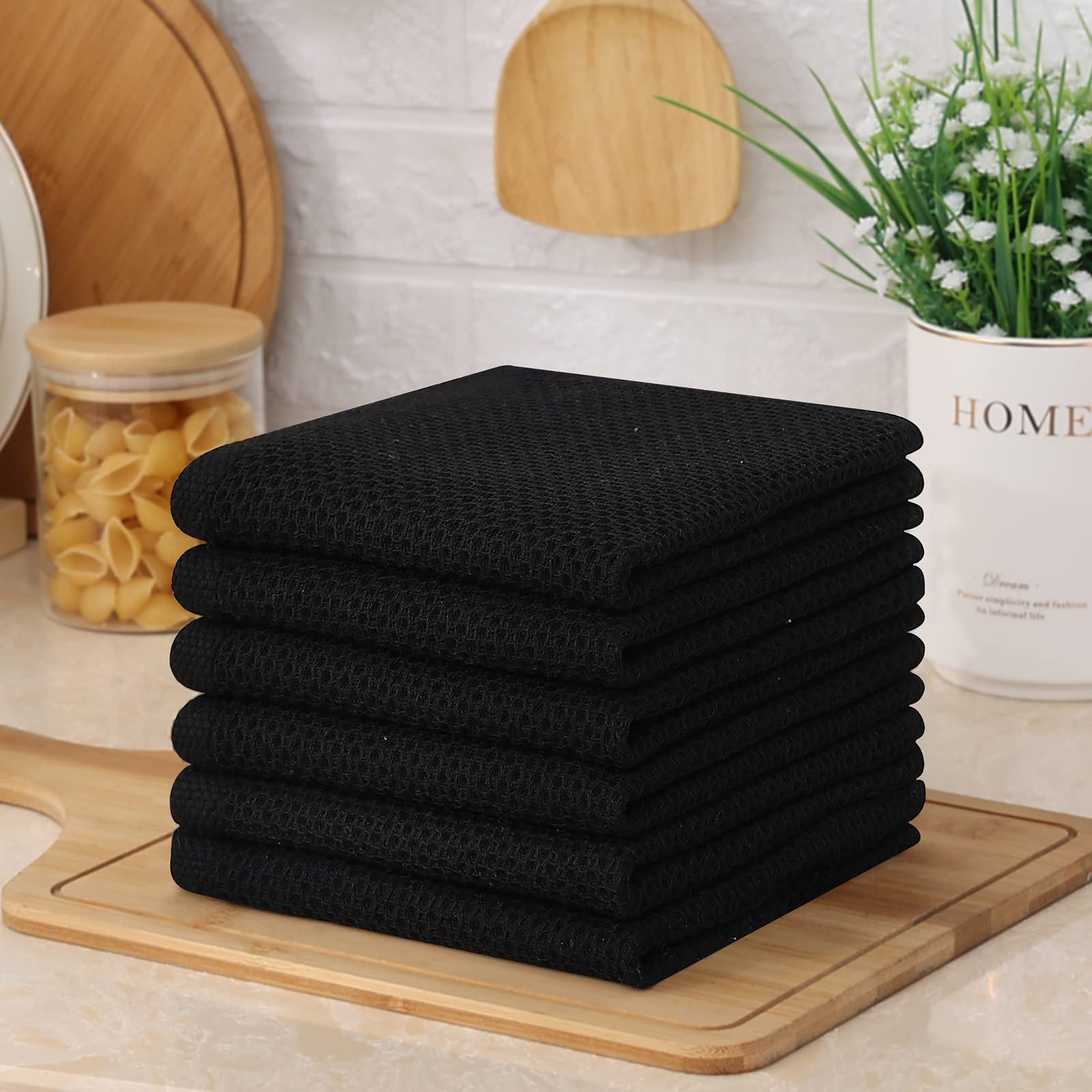 Kitinjoy 100% Cotton Kitchen Dish Cloths  8 Pack Waffle Weave Ultra Soft Absorbent Dish Towels for Drying Dishes Quick Drying Kitchen Towels Dish Rags  12 X 12Inch  Black