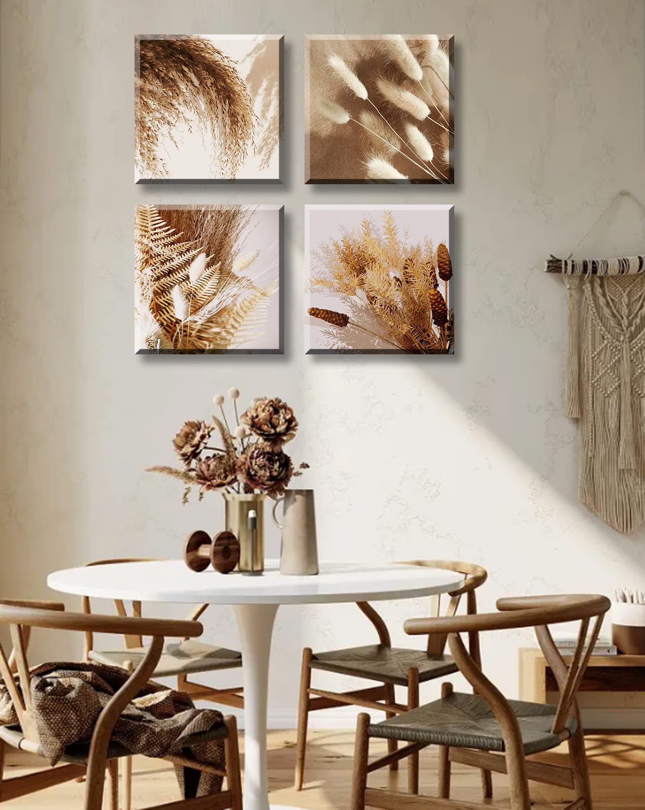 Boho Decor Botanical Wall Art - Neutral Fall Wall Decor Modern Farmhouse Decoration Plant Dried Floral Grass Canvas Print Home Bedroom Living Room Wall Decorations Set of 4(Framed 12x12in)