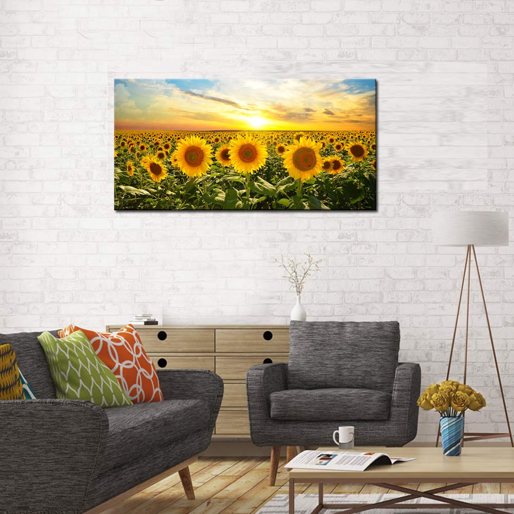 Biuteawal Sunflower Canvas Print Wall Art Sunset Landscape Pictures Flower Field Artwork Modern Painting for Home Kitchen Bedroom Dining Room Stretched and Framed Ready to Hang
