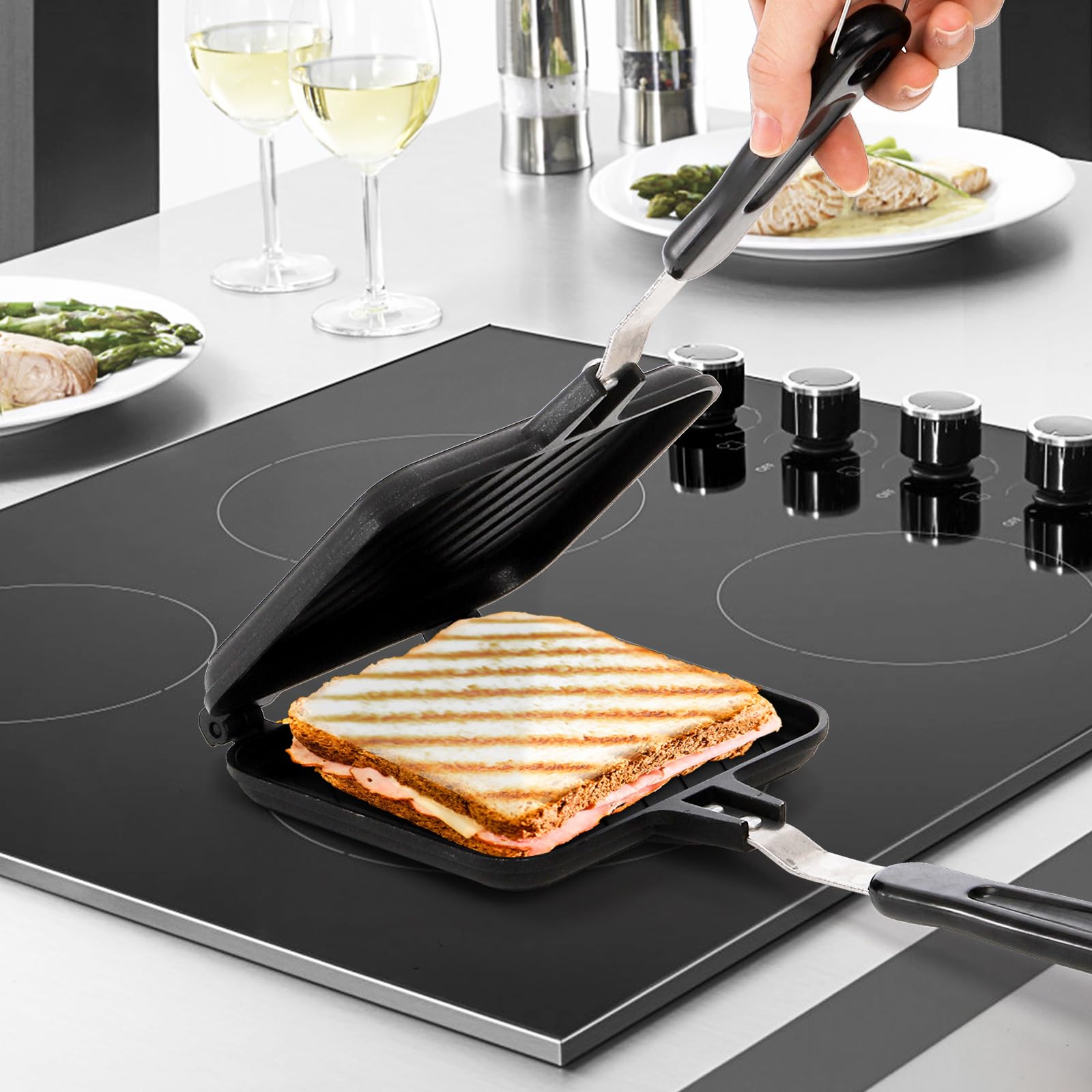 Elsjoy Non-Stick Hot Sandwich Panini Maker with Handle  Aluminum Double Sided Frying Pan Detachable Grilled Sandwich Flip Pan  Stovetop Toasted Sandwich Maker Pan for Home  Kitchen  Breakfast