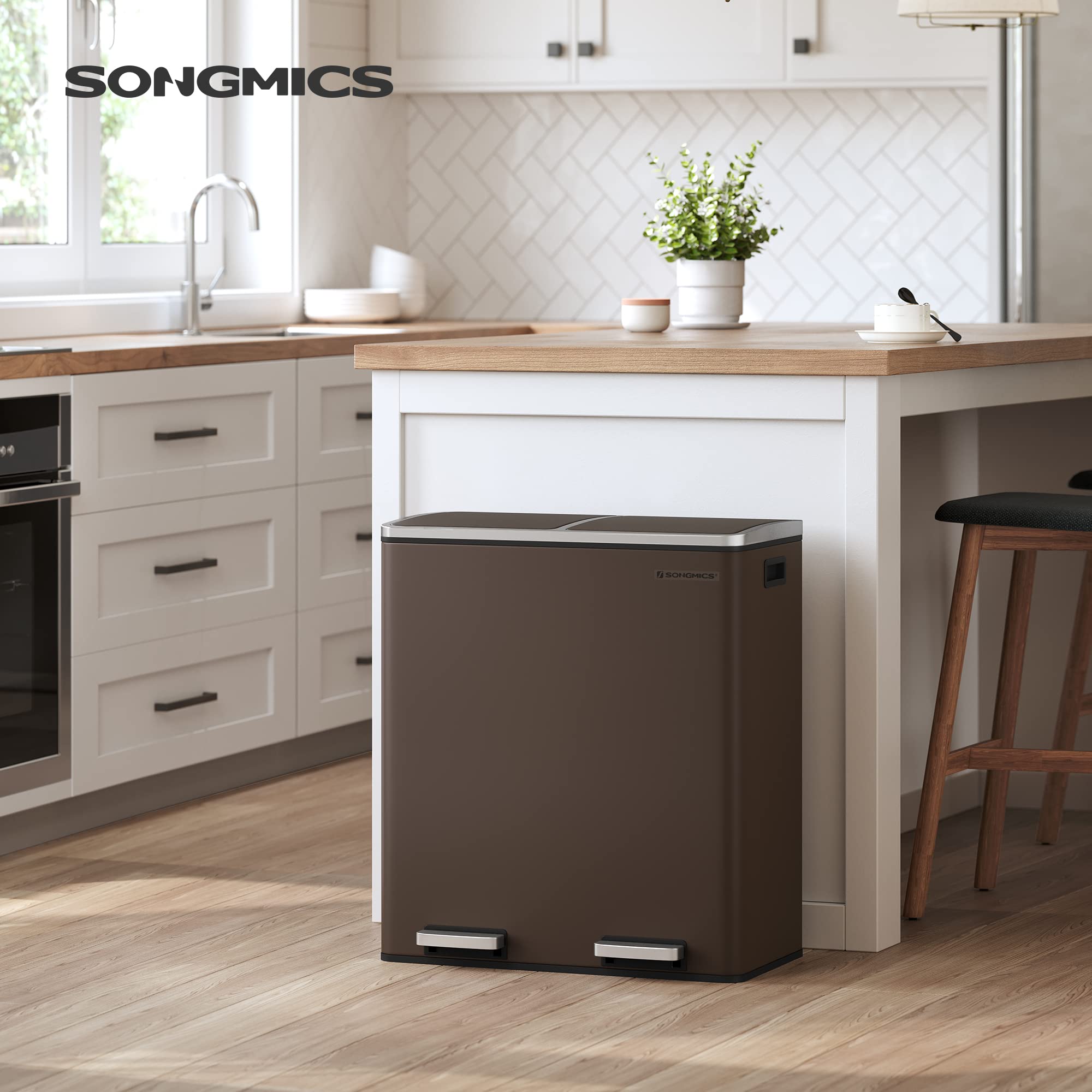 Songmics Trash Can, 2 X 8 Gallon (2 X 30 L) Garbage Can For Kitchen, With 15 Trash Bags, 2 Compartments, Plastic Inner Buckets A