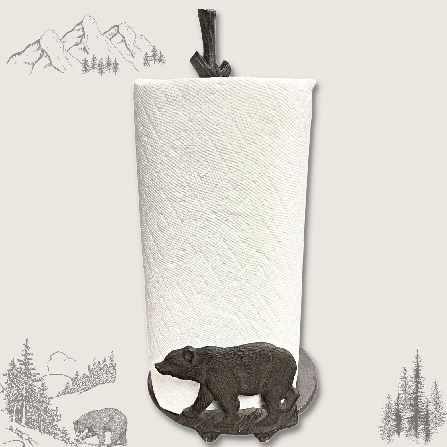 Paper Towel Holder With Standing Bear Design - Cast Iron Rustic Cabin Lodge Dining Kitchen D  Cor