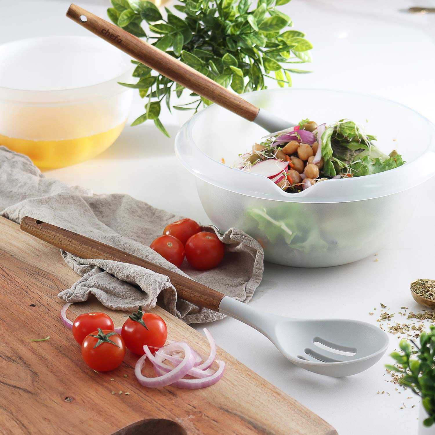 Chefa Usa Silicone Slotted Serving Spoon - With Wooden Handle, Non-Stick Cookware Heat Resistant Kitchen Utensil - Light Gray