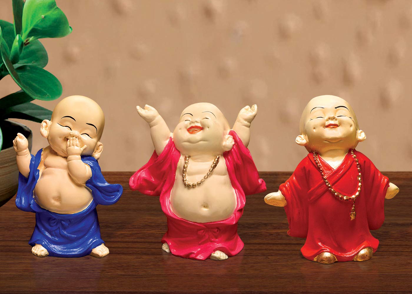 Karigaari India Handcrafted Set of 3 Resine Little Dancing Buddha Monk Sculpture | Buddha Idols for Home Decor