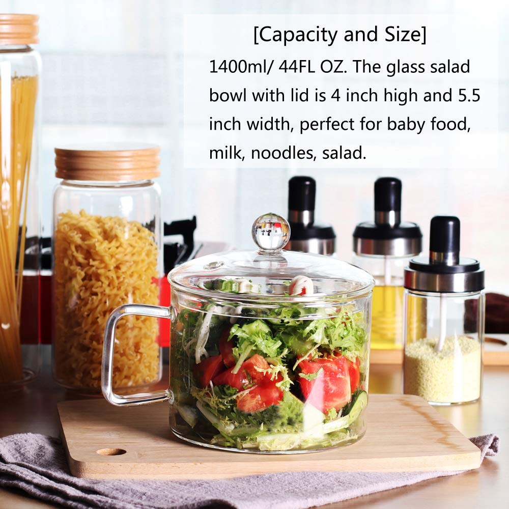 Mini Sized Glass Bowl With Lid And Handle, 44 Fl Oz/1.4L For Noodles, Pasta, Soup, Cereals, Fruits, Bpa Free, Microwave Dishwash