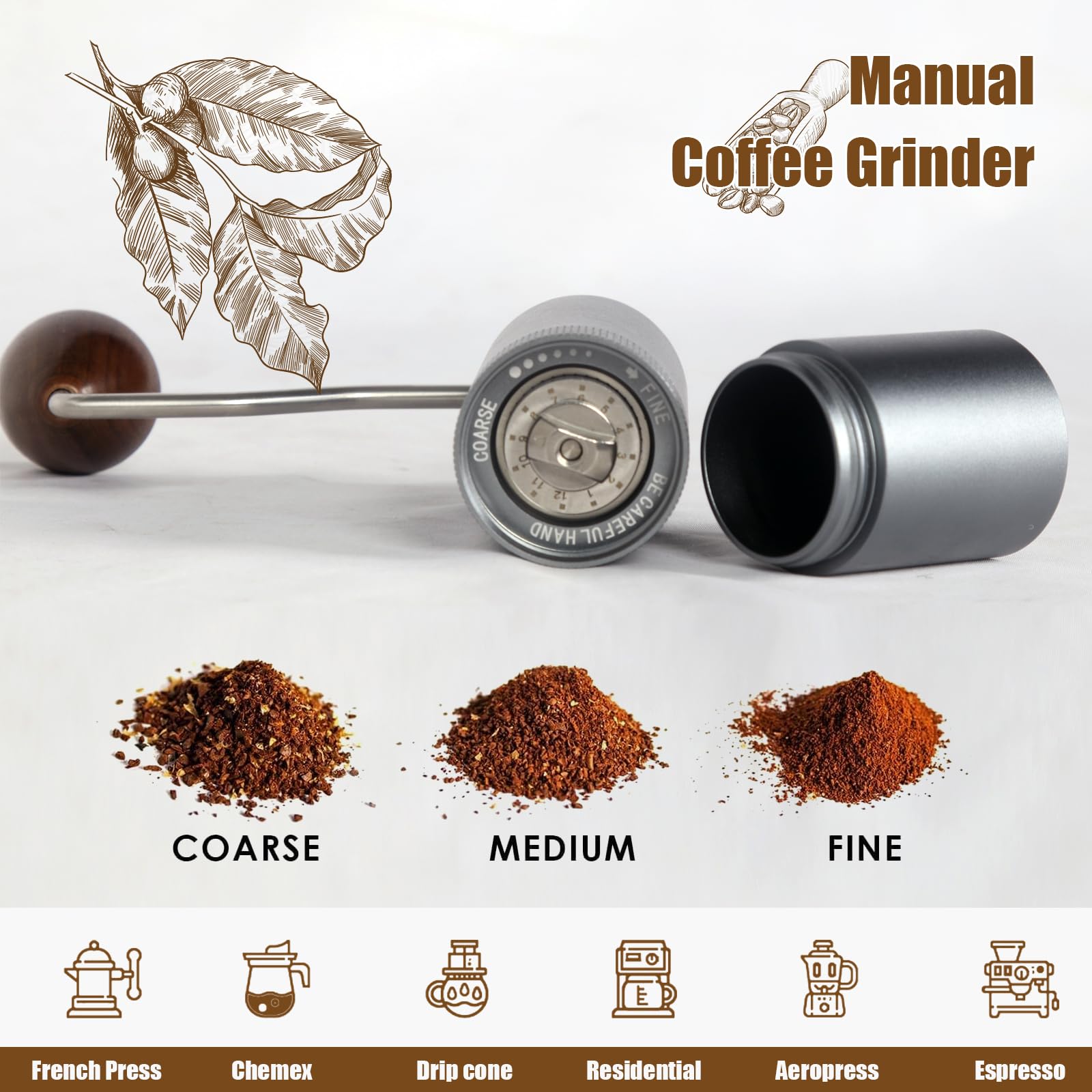 Manual Coffee Grinder - Precision Cnc Stainless Steel Burr Grinder With Adjustable Settings, Grey Blue, Double Bearings For Smoo