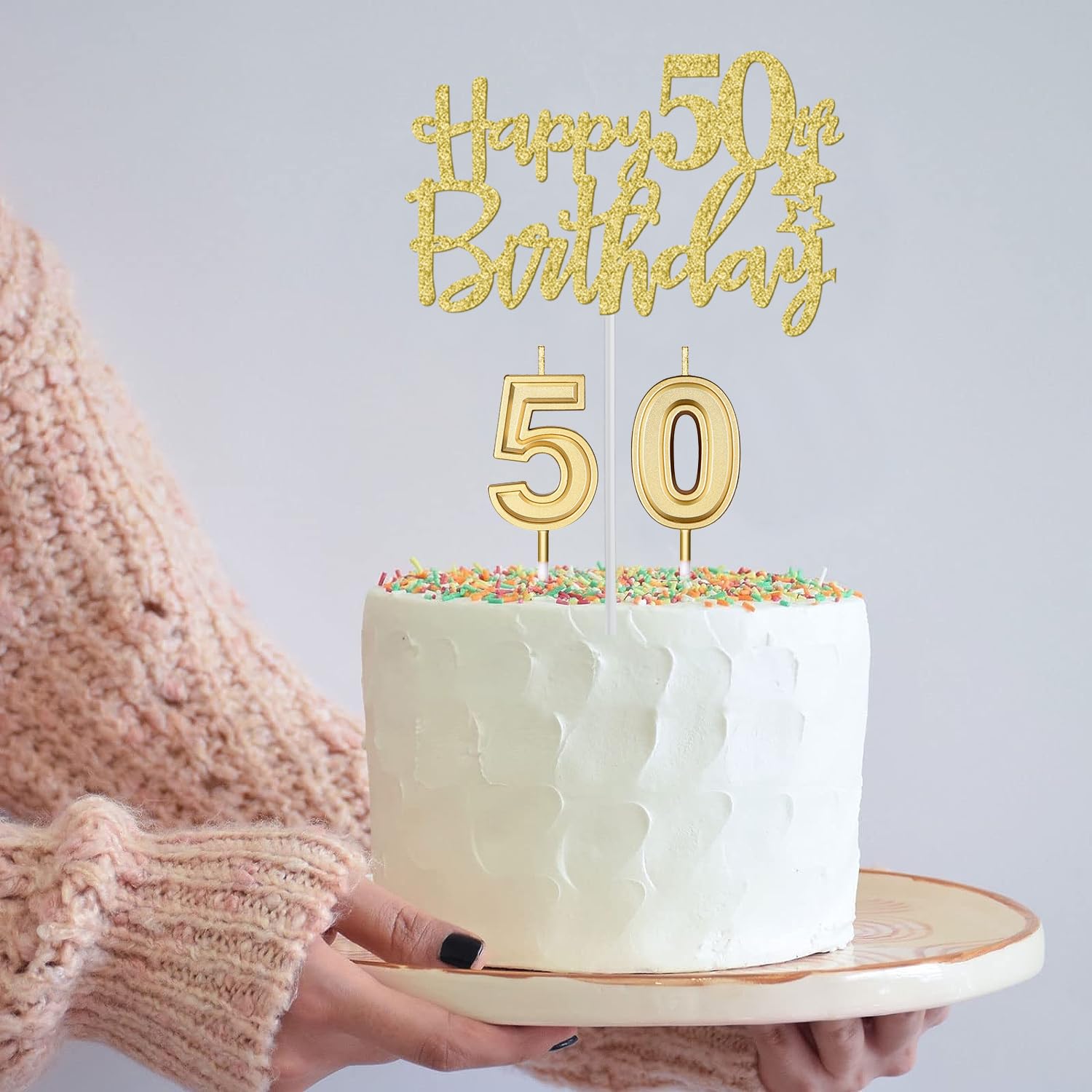50Th Birthday Decorations For Women Gold With 50Th Birthday Sash And Tiara, 50Th Birthday Cake Topper And 50 Candles, Big Gold 5