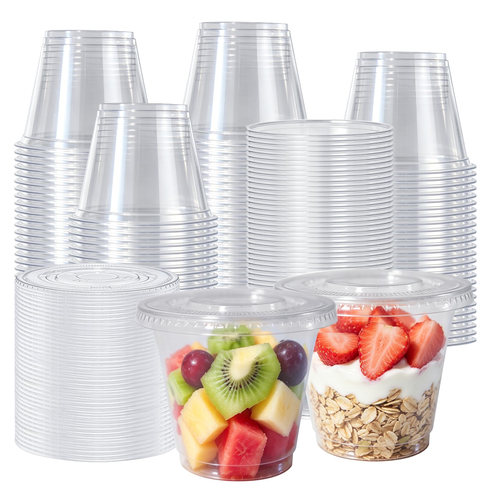 NOVAAP 100 Sets 9 oz Clear Plastic Cups with No Hole Flat Lids