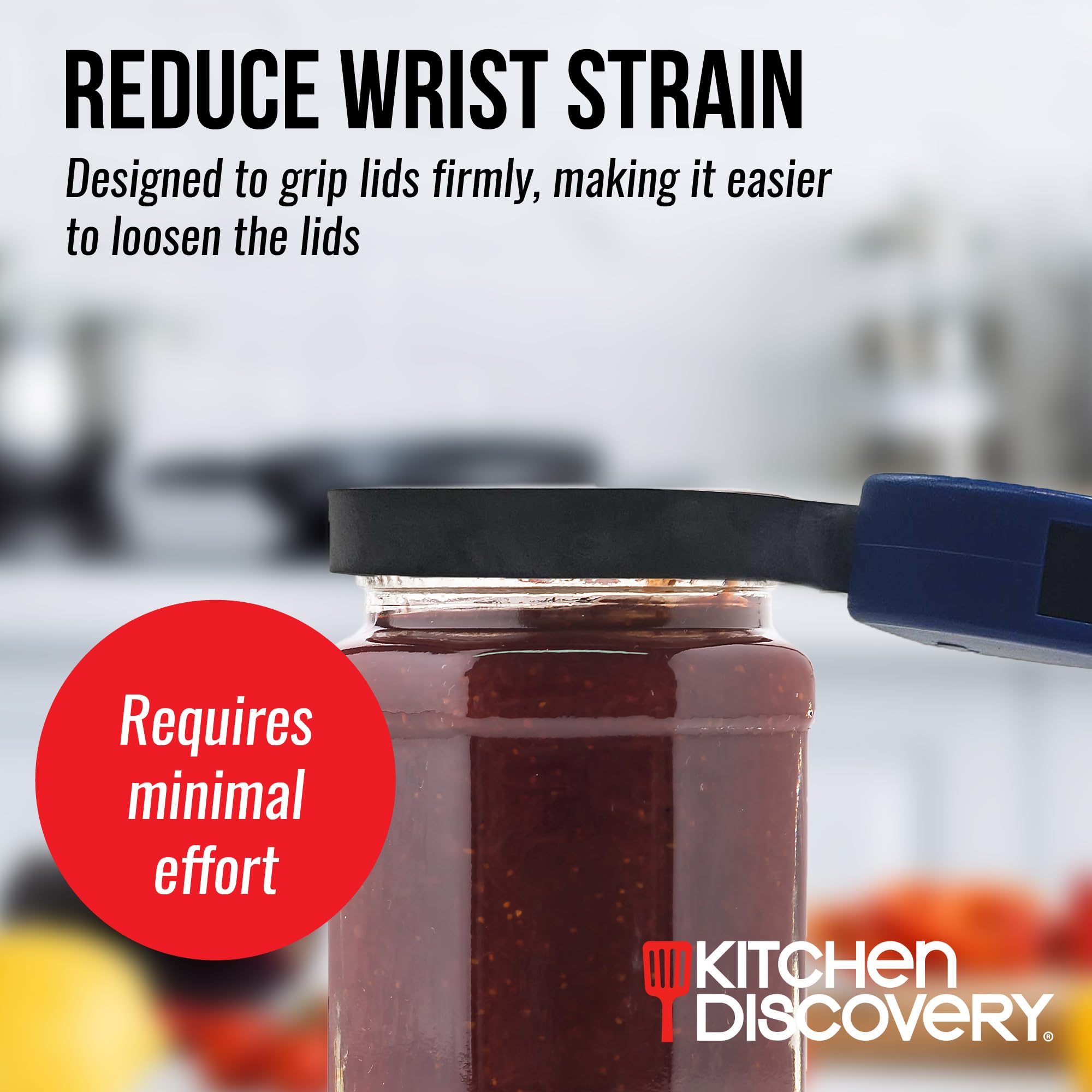 Kitchen Discovery Adjustable Jar Opener - Blue Rubber Gripper for Seniors - Large Size, Eases Lids Without Strain