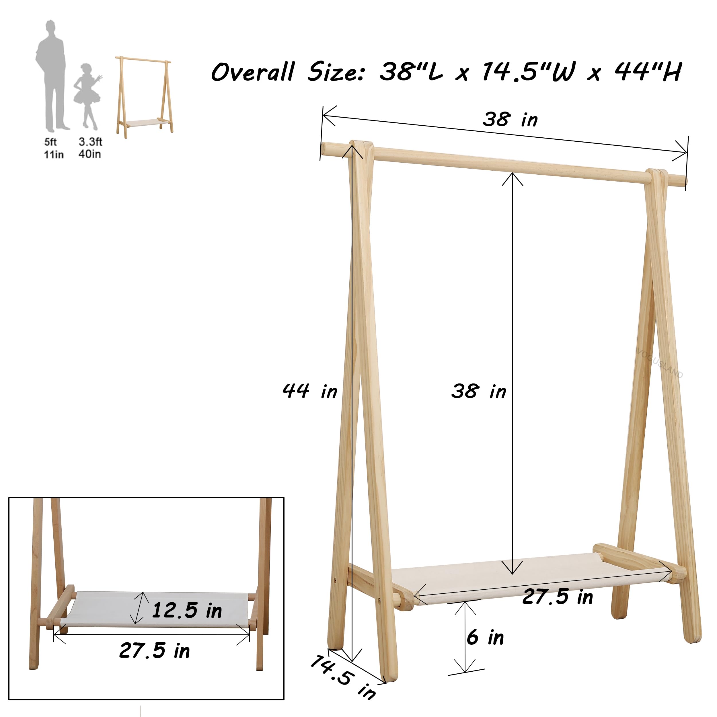Vogusland Dress Up Rack, Child Garment Rack, Kids Clothing Rack With Storage Shelf (Natural Pine, 38'' L X 14.5'' W X 43.7'' H)