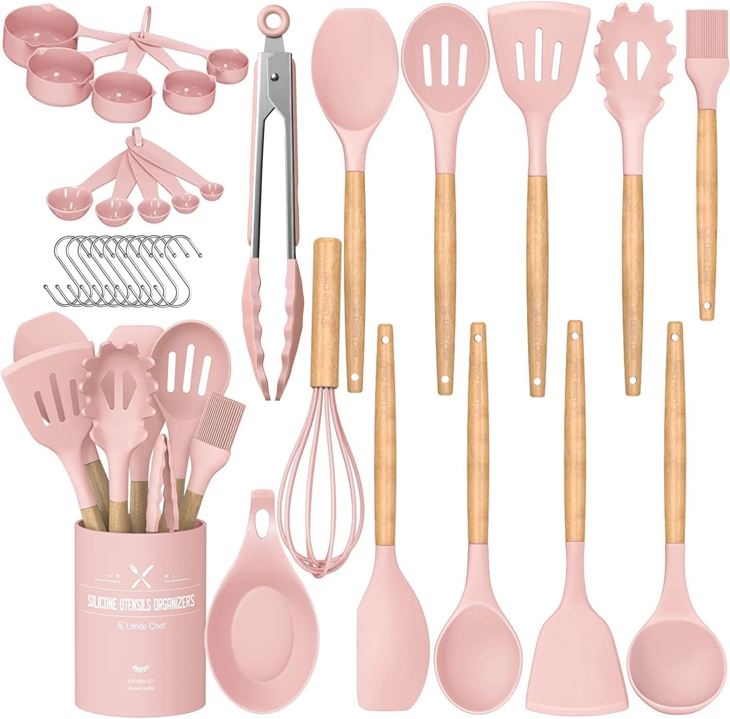 Kitchen Cooking Utensils Set, Umite Chef 33 Pcs Non-Stick Silicone Cooking Spatula Set With Holder, Wooden Handle Silicone Kitch