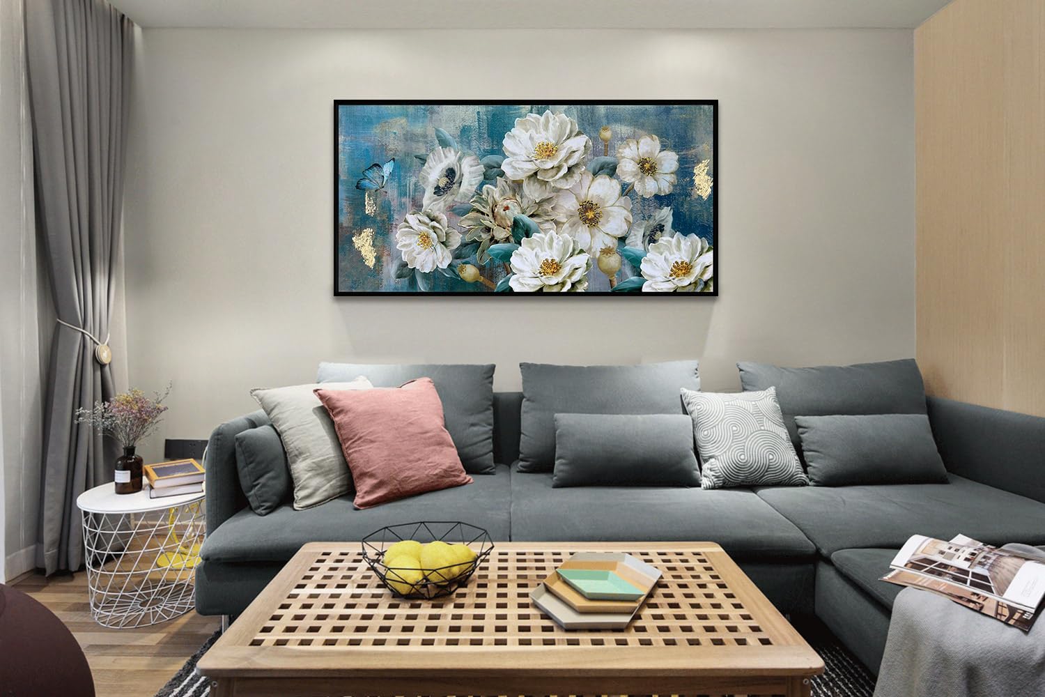 Arjun Flowers Canvas Wall Art White Elegant Modern Picture Gold Foil Painting Turquoise Floral Teal Artwork For Living Room Bedr