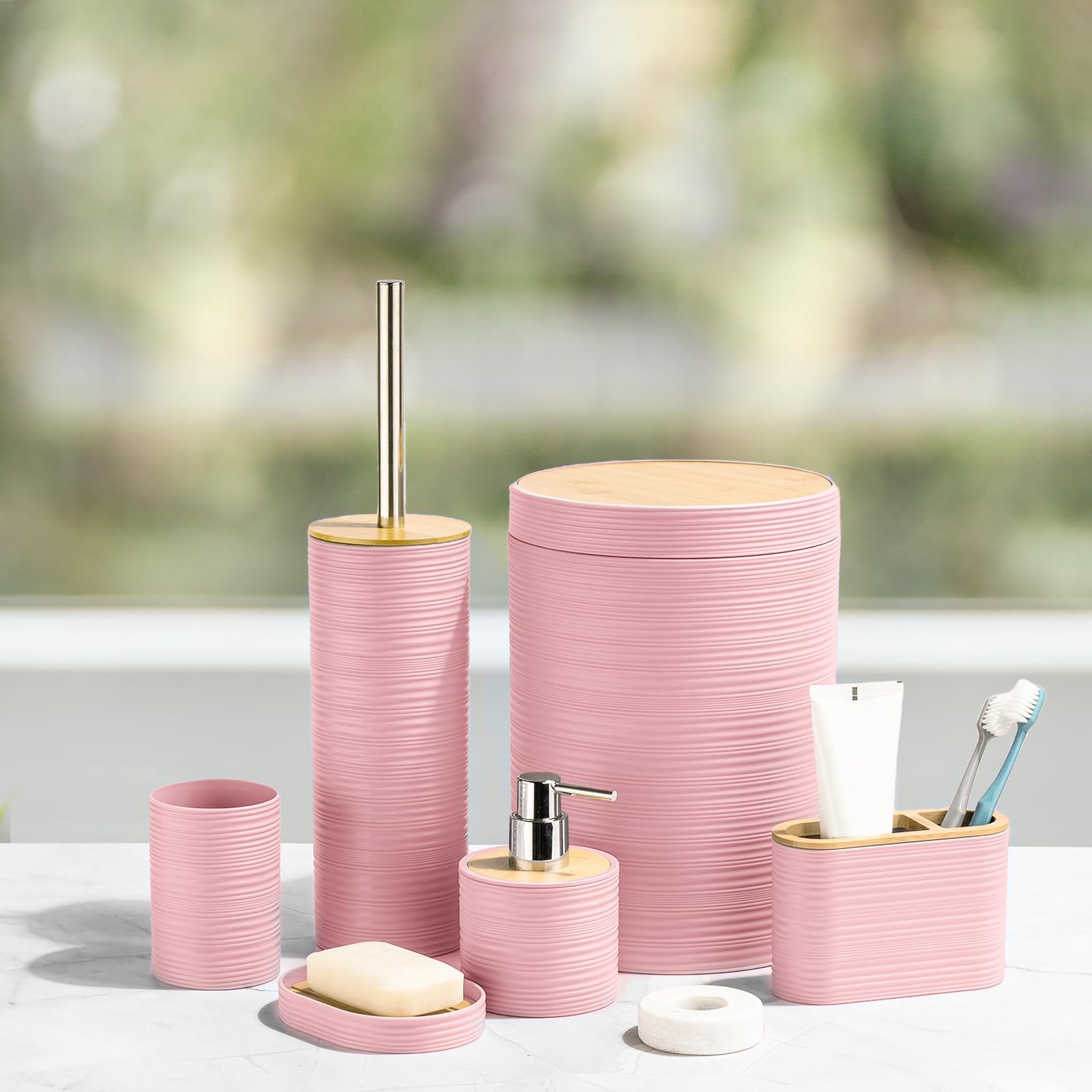 CERBIOR Bathroom Accessories Set 6 Piece Bamboo Bath Ensemble Includes Soap Dispenser, Toothbrush Holder, Toothbrush Cup, Soap D