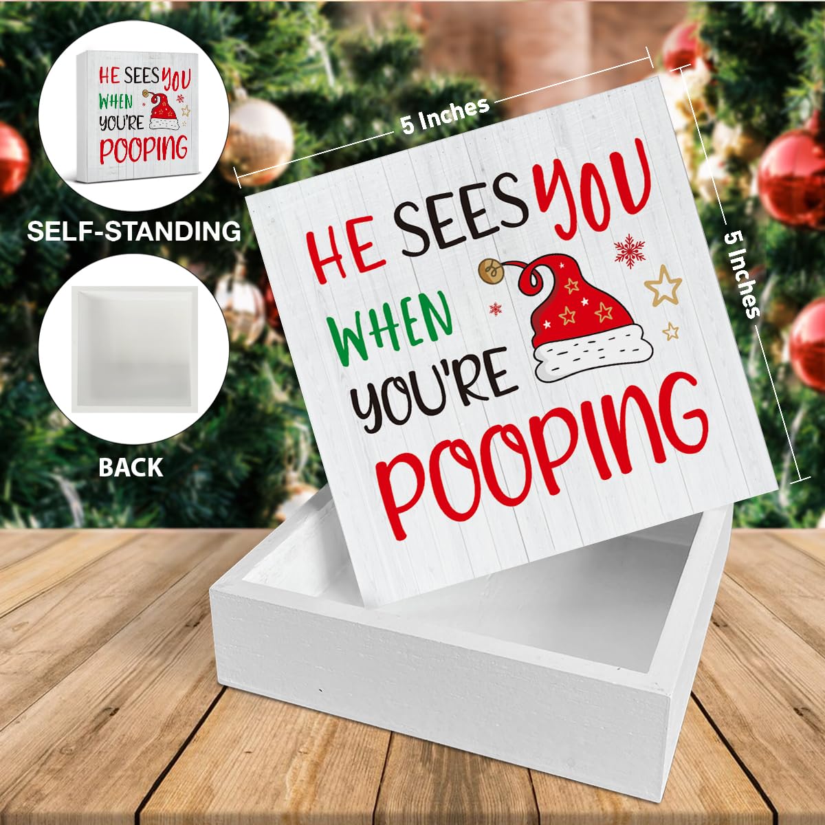 Christmas Bathroom Decorations - Funny Christmas Decor, He Sees You When You're Pooping Bathroom Wooden Sign, Home Decor for Des