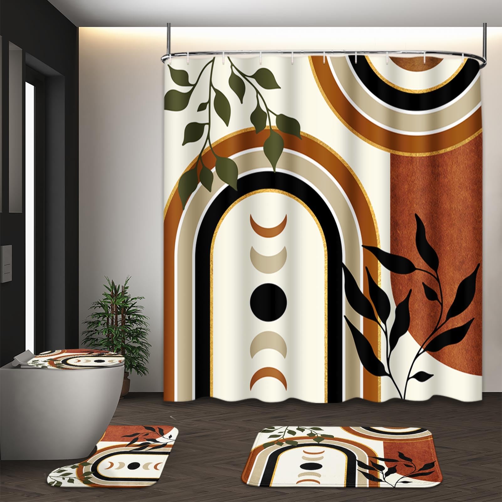 Tayney Boho Mid Century Shower Curtain Set With Toilet Lid Cover And Non-Slip Rugs, Cute Aesthetic Abstract Leaves Geometric 4 P