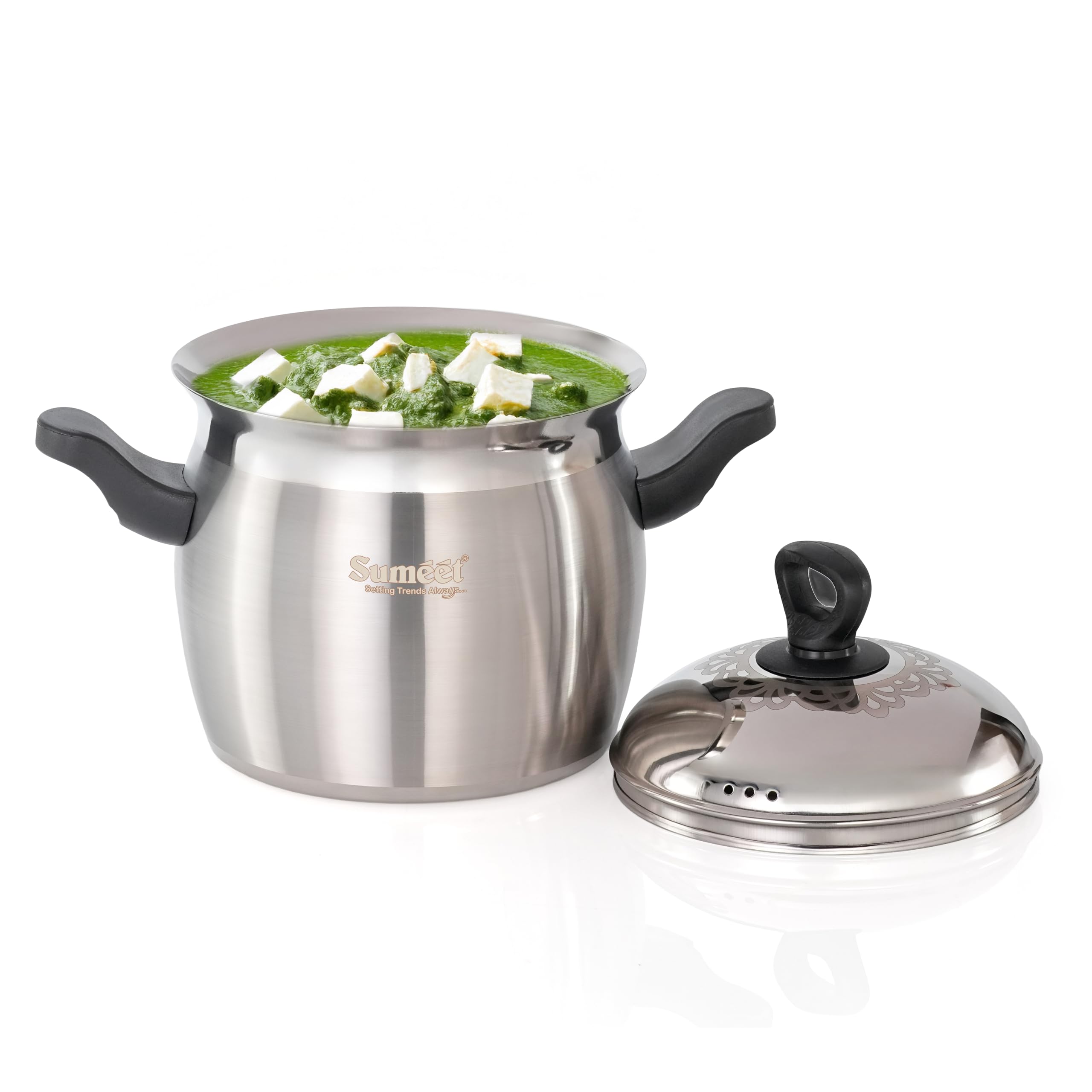 Sumeet ISI Certified Stainless Steel Cook & Serve Pineapple Shape Handi Cooking Pot with Steel Lid |Induction and Gas Compatible | Capacity - 4000ml -Dia - 20cm  Silver
