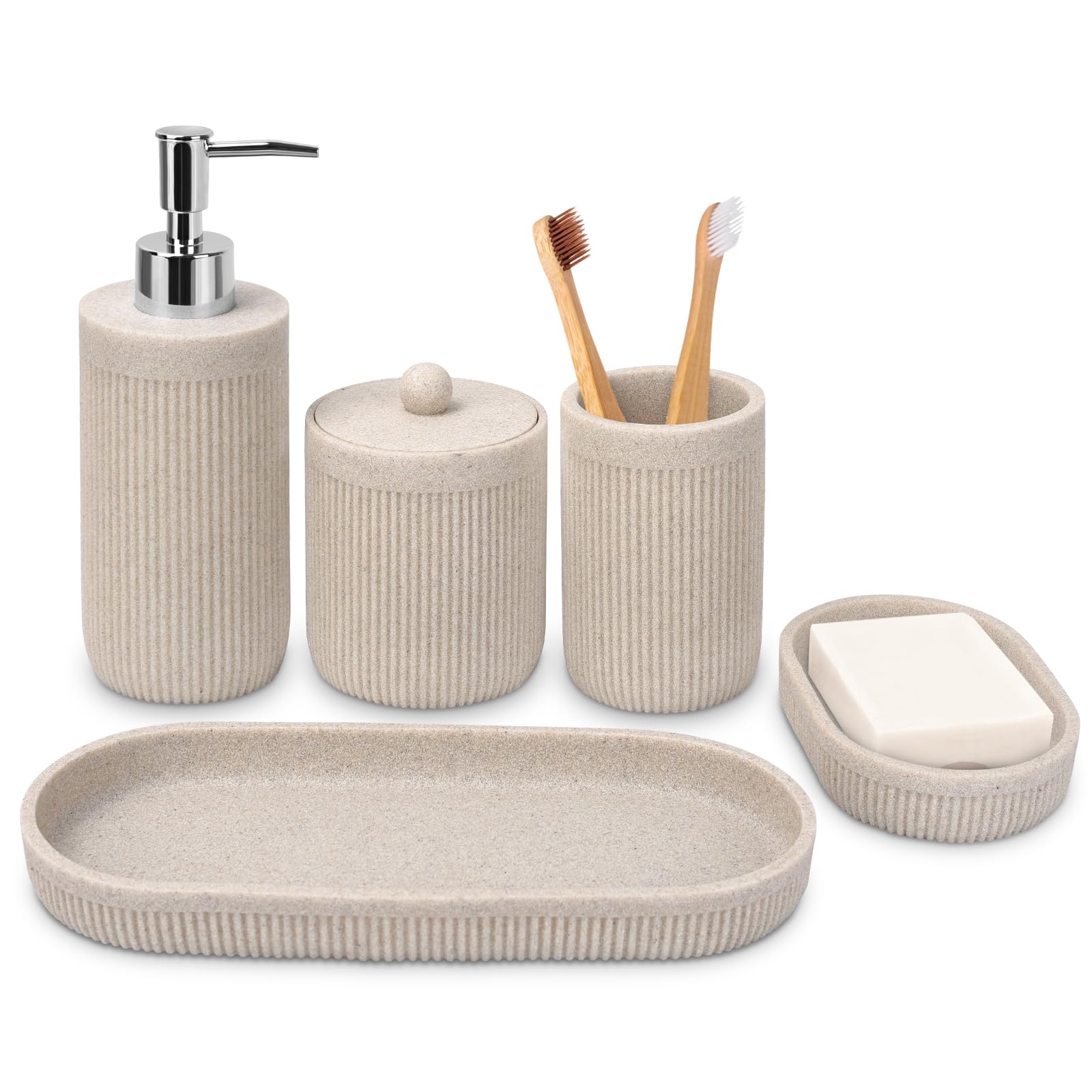 Bathroom Accessory Set 5Pcs- Lotion Soap Dispenser,Toothbrush Holder,Qtip Holder Dispenser,Vanity Tray And Soap Dish-Modern Bath