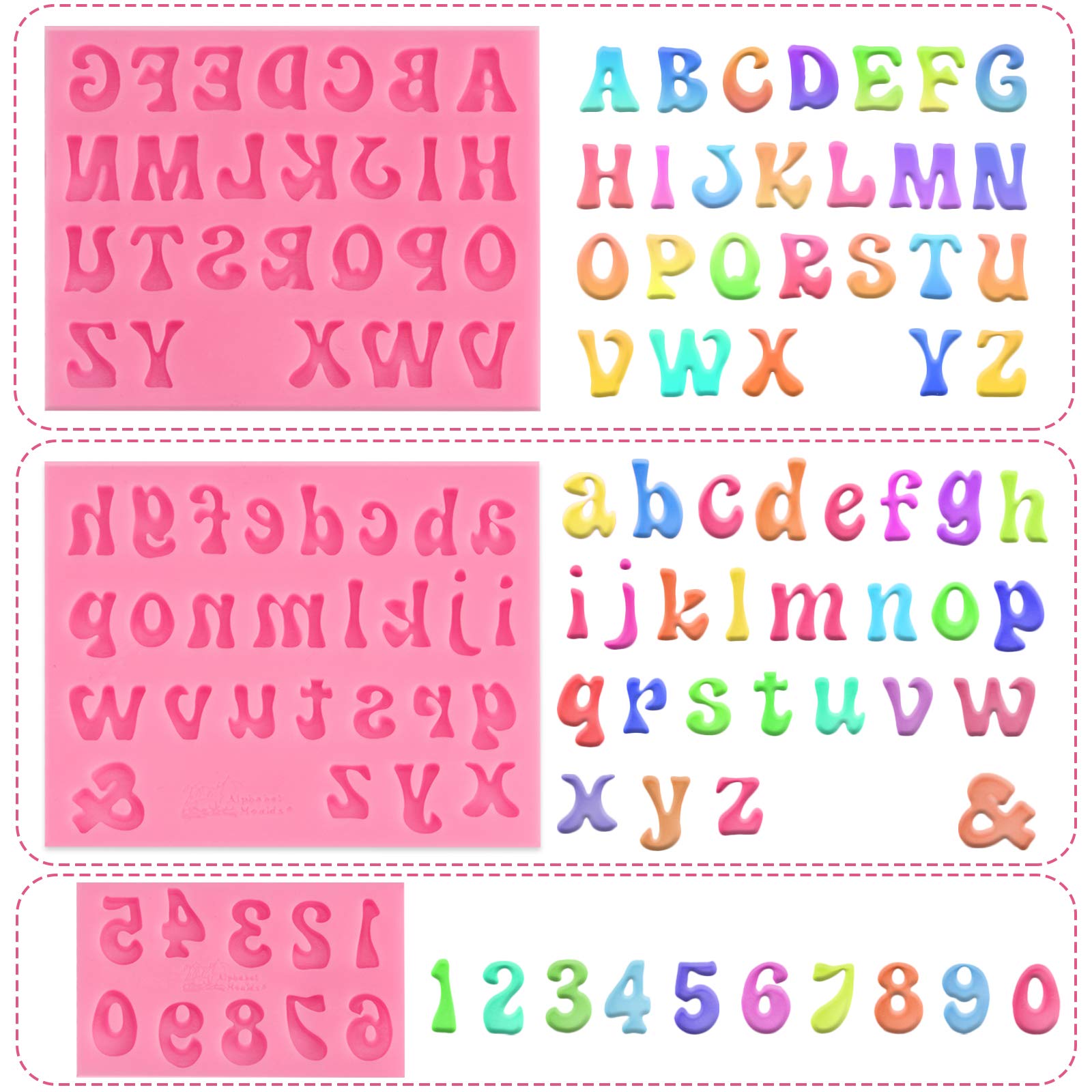Joersh 4 Pieces Silicone Letter Molds, Lowercase Uppercase Alphabet Letters And 0-9 Numbers Fondant Chocolate Molds For Cake/Cup