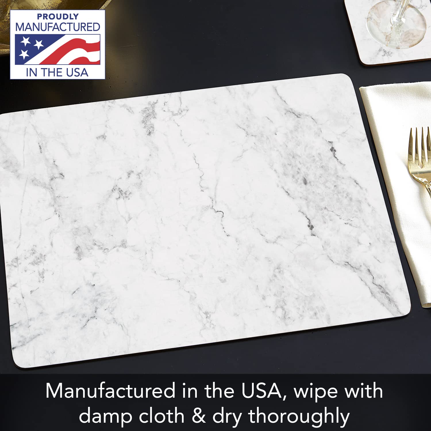 Cala Home White Marble Design Decorative Hardboard Cork Back Tabletop Placemats 4 Pack Manufactured In The Usa Heat Tolerant And
