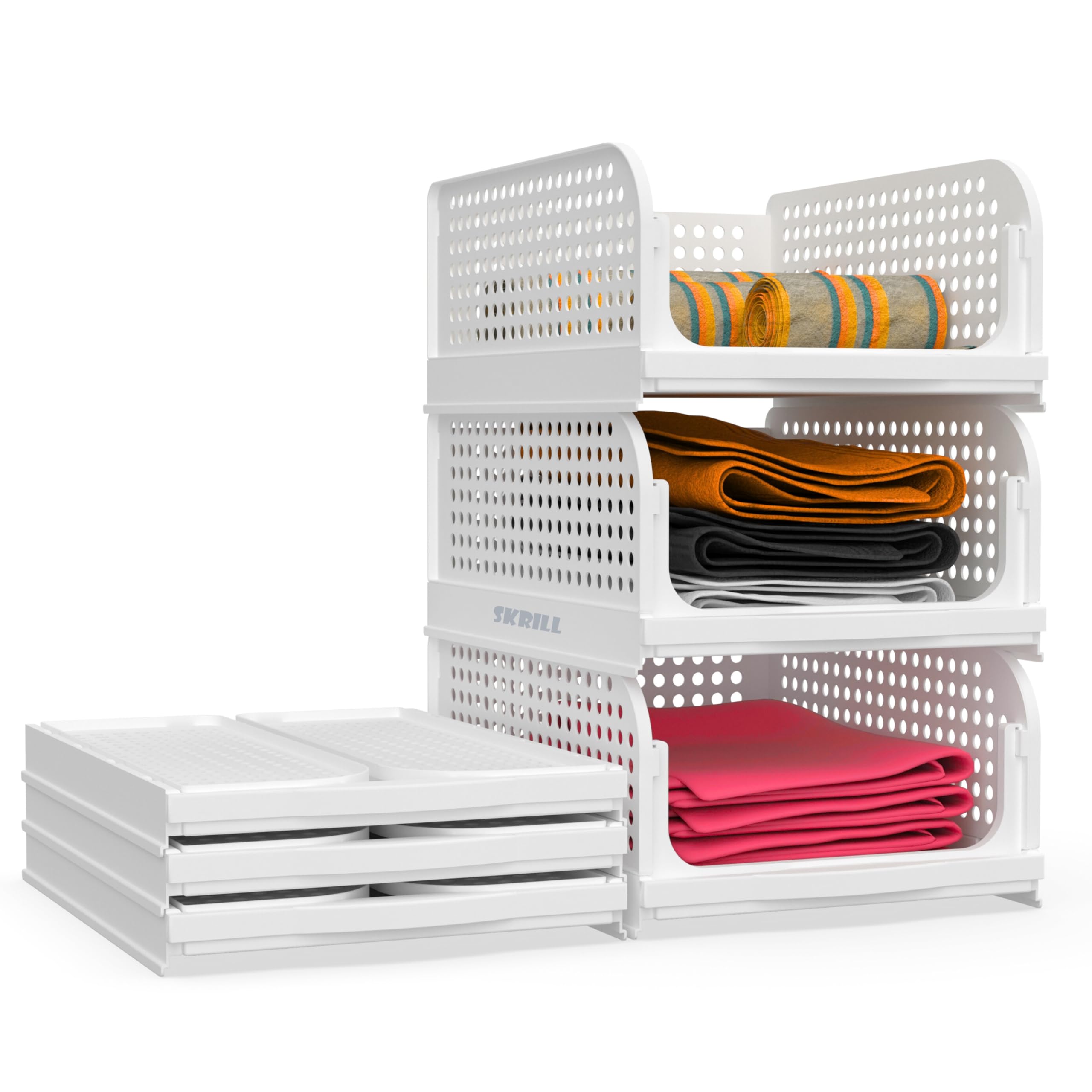 Skrill Pack Of 3 Foldable, Sliding & Stackable Plastic Wardrobe Organizer For Storage Clothes | Ideal Wardrobe Shelf Organiser F