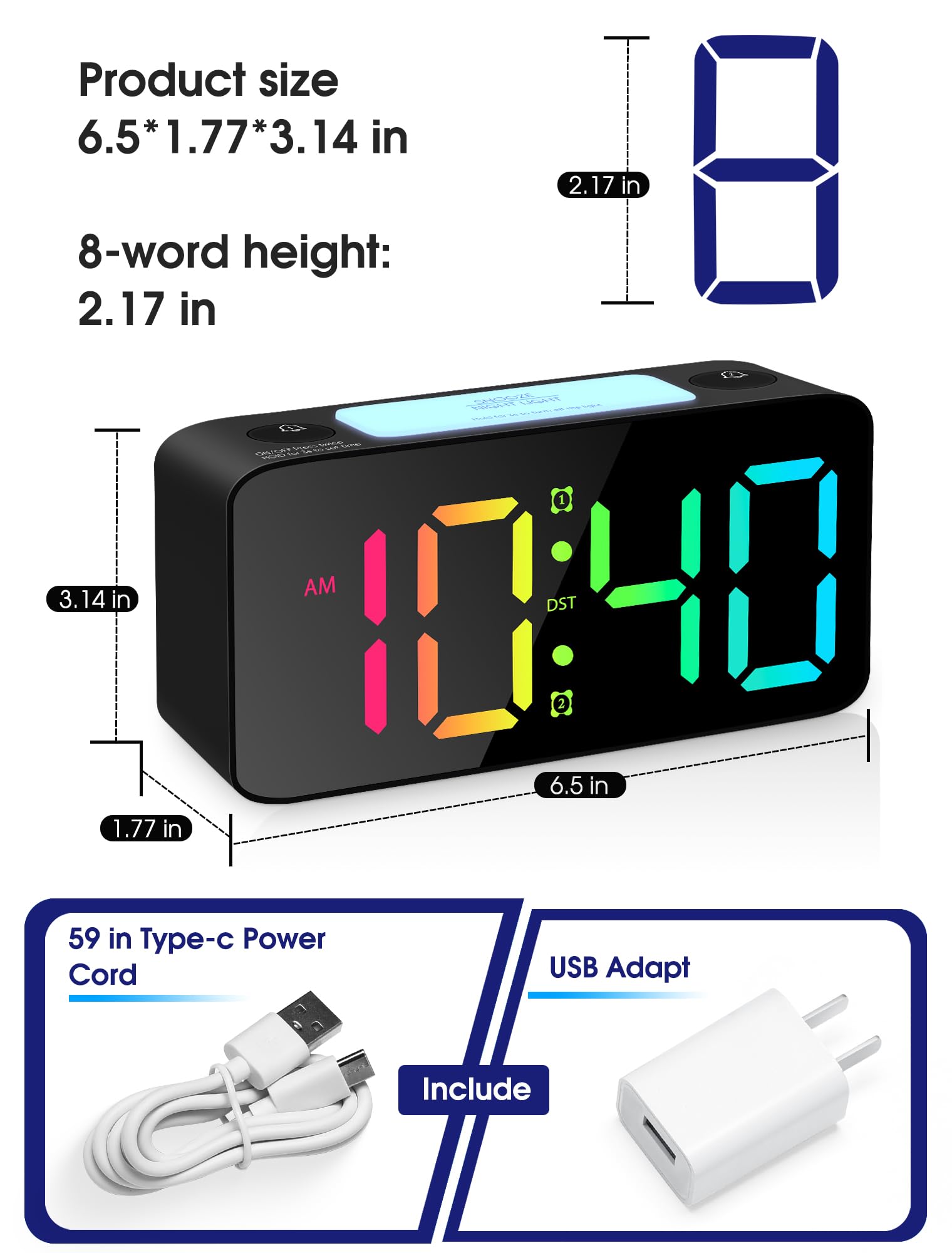 LED Alarm Clock with Snooze, Easy to Set, 4 Levels Dimmer, Adjustable Volume, USB Charger, 12/24Hr,7 Color Night Light,Compact D