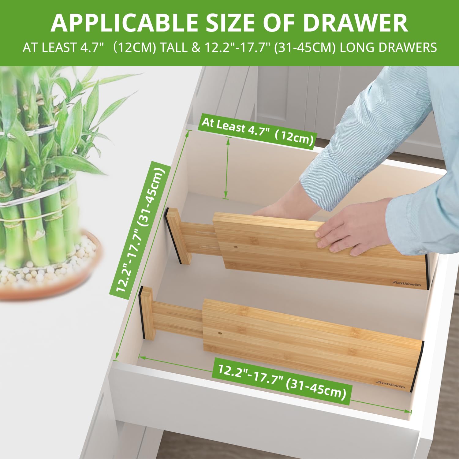 ANTOWIN 4 Pack Expandable Drawer Dividers, 4.7'' High, Extend from 12.2'' to 17.7'', Dresser Drawer Organizers, Bamboo Separator
