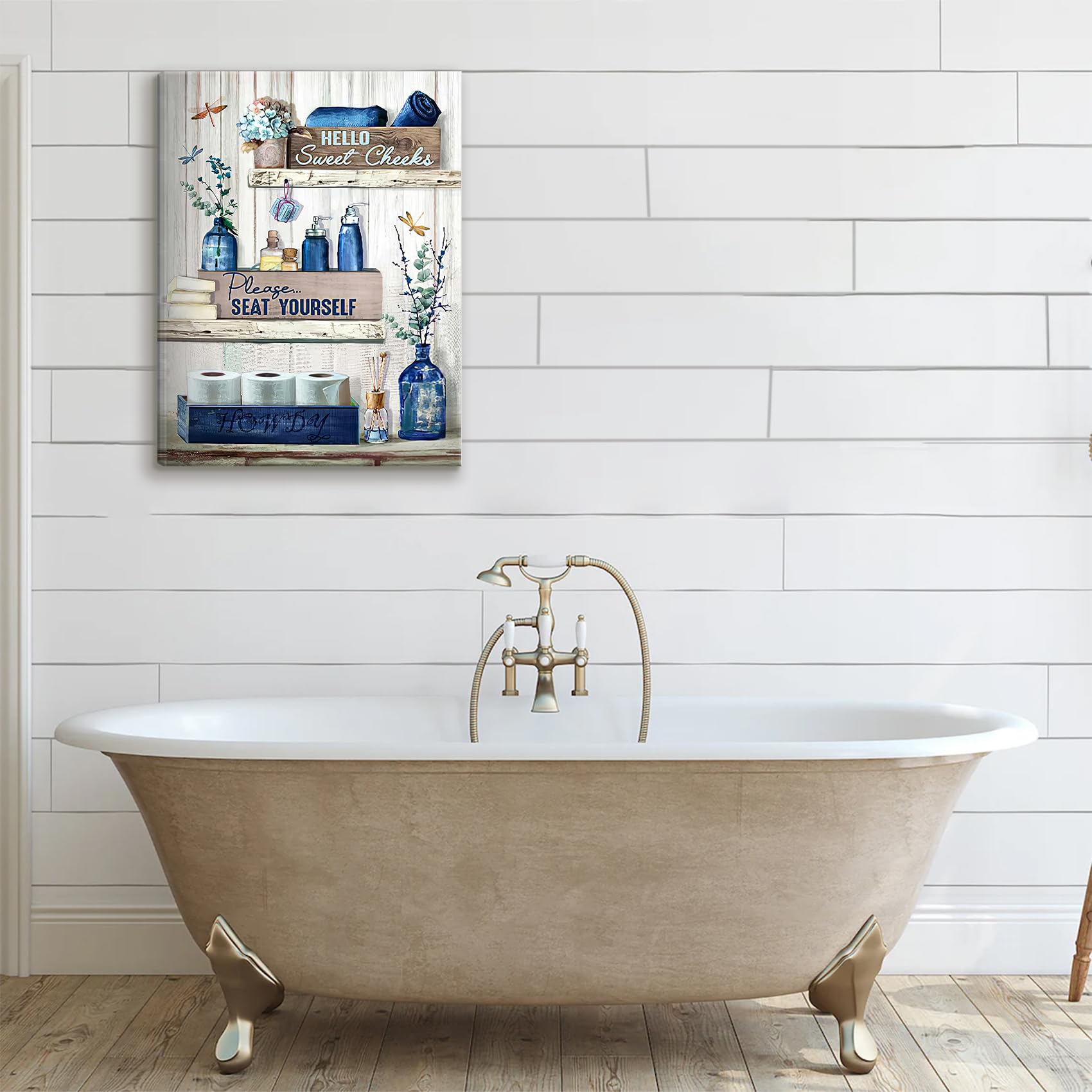 Bjvjksu Navy Blue Bathroom Decor Wall Art Rustic Blue Bathroom Canvas Wall Decor Bathroom Please Seat Yourself Sign Print Painti