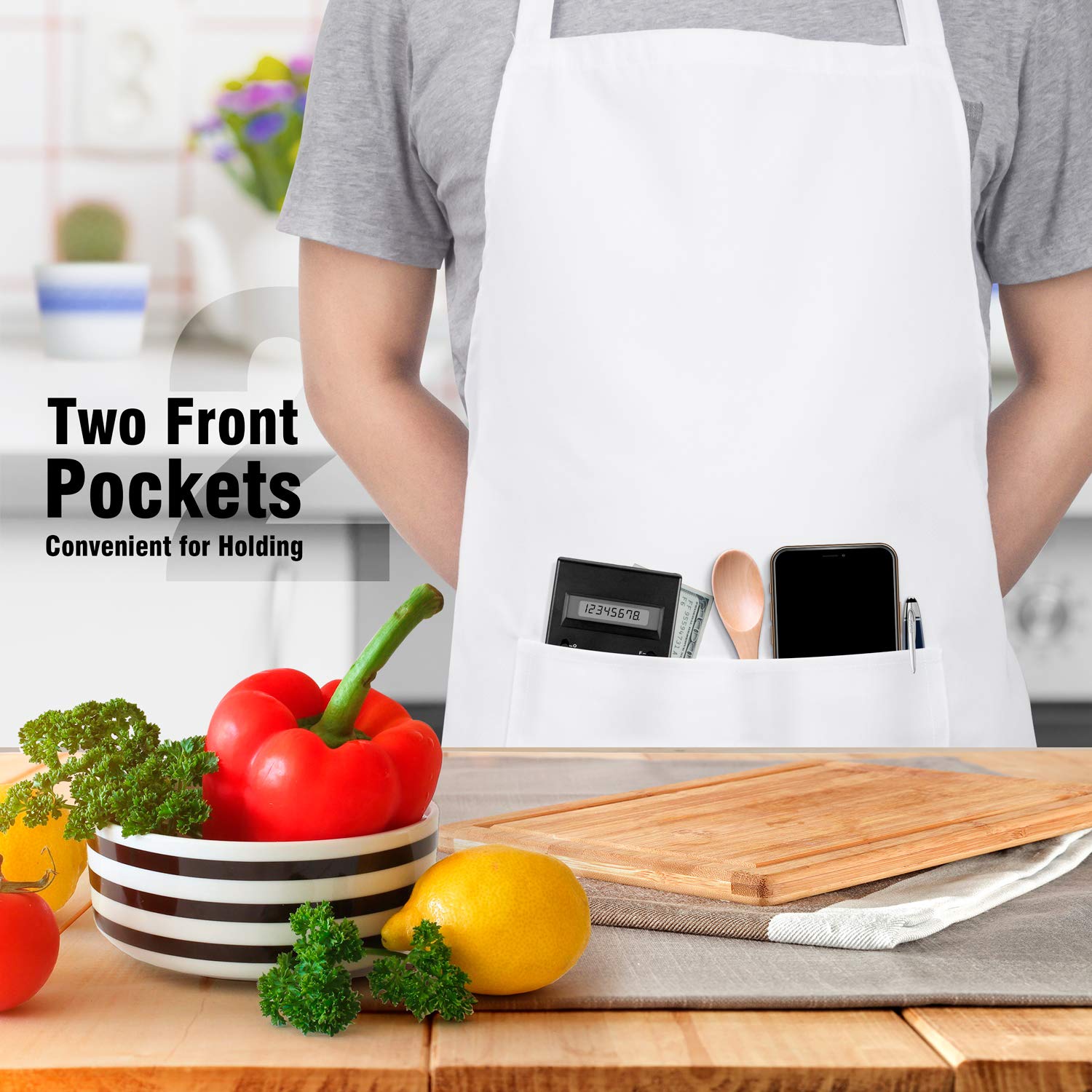 Xornis 2 Pack Bib Aprons With 2 Pockets Kitchen Apron Cooking Chef, White