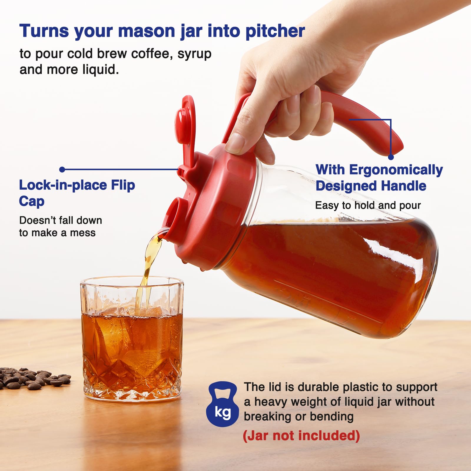 2 Pack Wide Mouth Mason Jar Lids With Handle, Airtight & Leak-Proof Seal, Easy Pouring Spout, Turns Your Mason Jar Into Pitcher,
