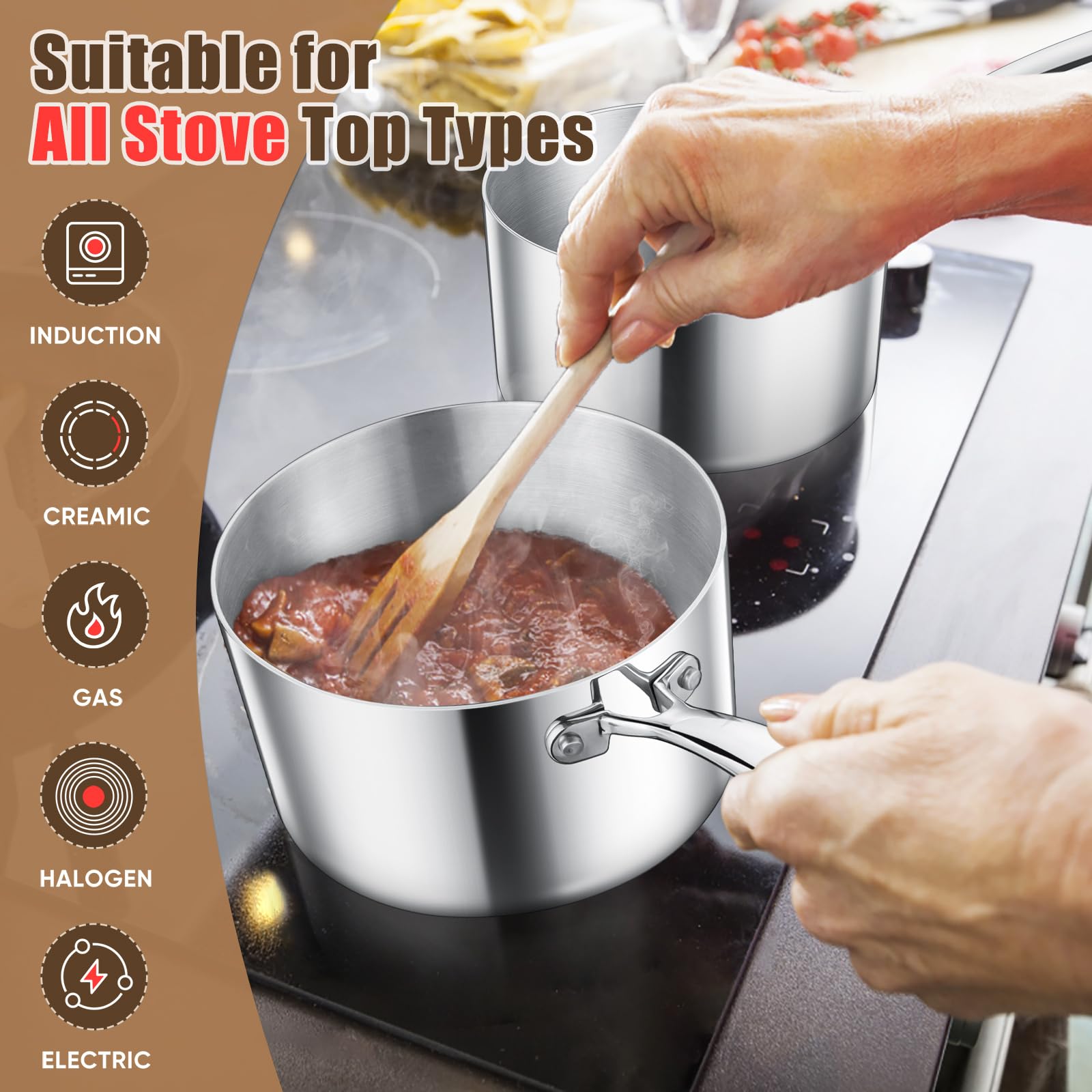 E-Far Stainless Steel Saucepan Set - 1Qt & 2 Qt, Triply Sauce Pan Pot With Lid For Cooking Pasta Warming Milk Boiling Water, Sma