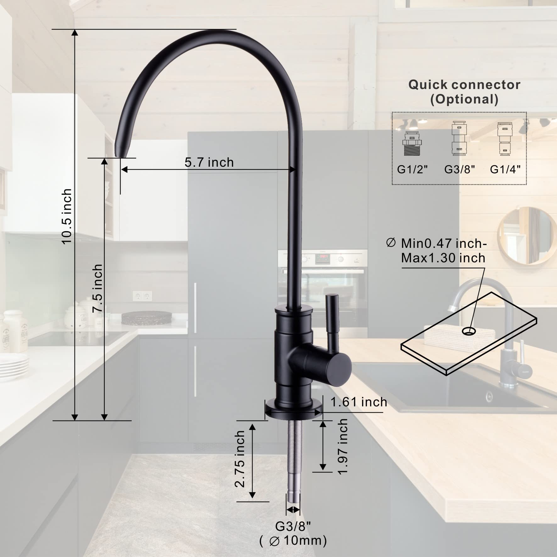 Drinking Water Faucet Matte Blak Wellup Reverse Osmosis Faucet for Non Air Gap RO Water Filtration System  Lead-Free Stainless Steel Kitchen Water Filter RO Faucet for Kitchen Bar Sink