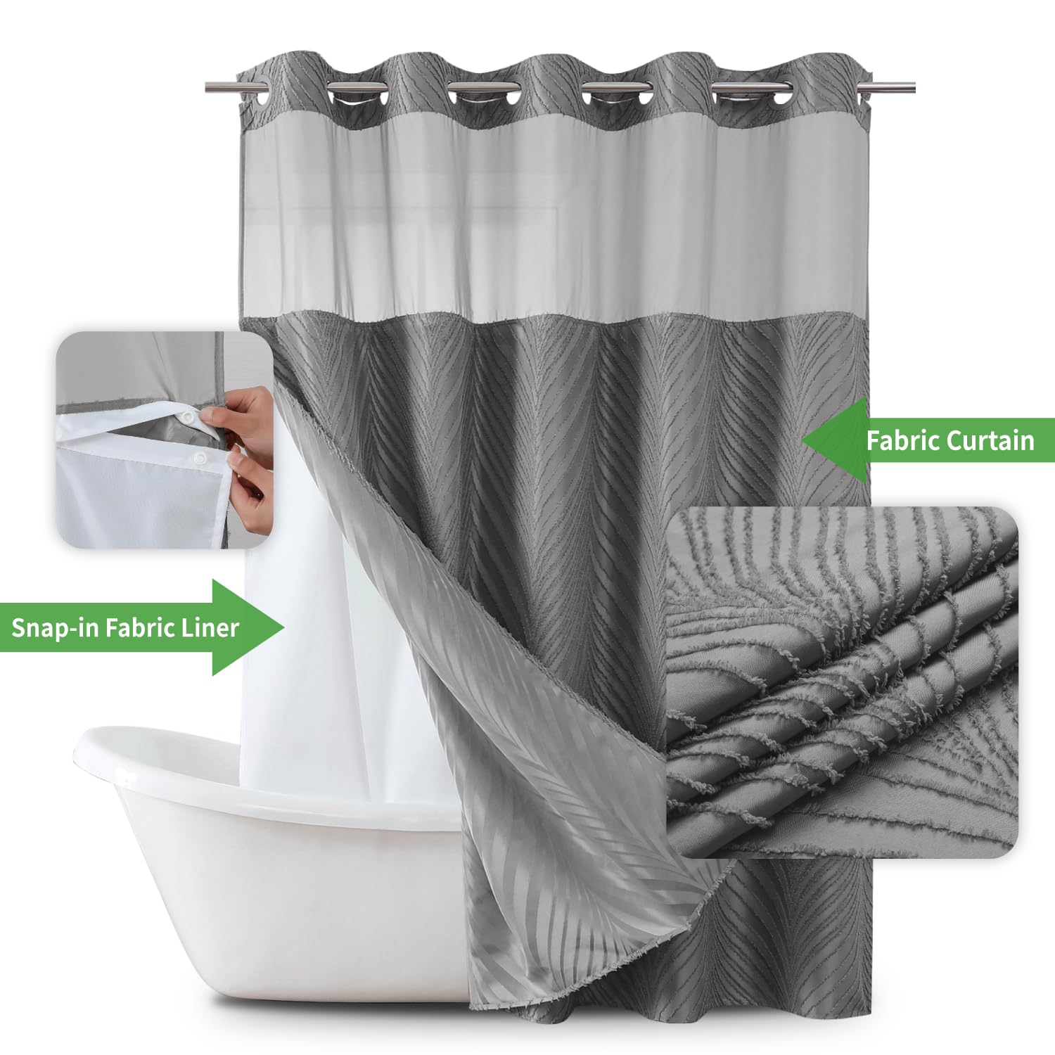 Eachope No Hook Shower Curtain And Liner Set,Boho Style With See Through Top Window, Grey Fabric Tufted Striped Textured Outer C