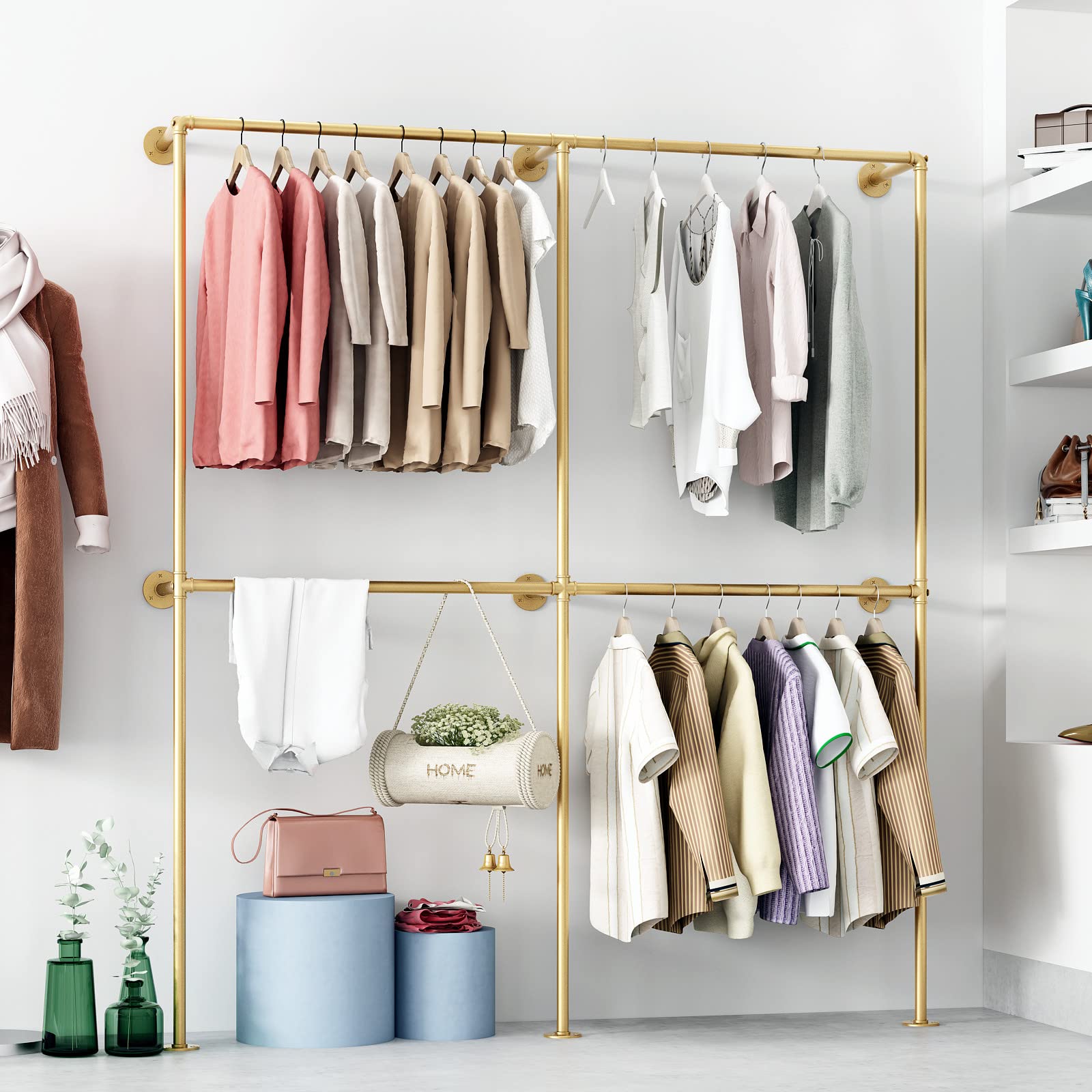 Ironjiazu Gold Wall Clothing Rack Wall Mount Clothes Rack,Heavy Duty Pipe Clothing Rack Retail Display Hanging Rod For Closet St