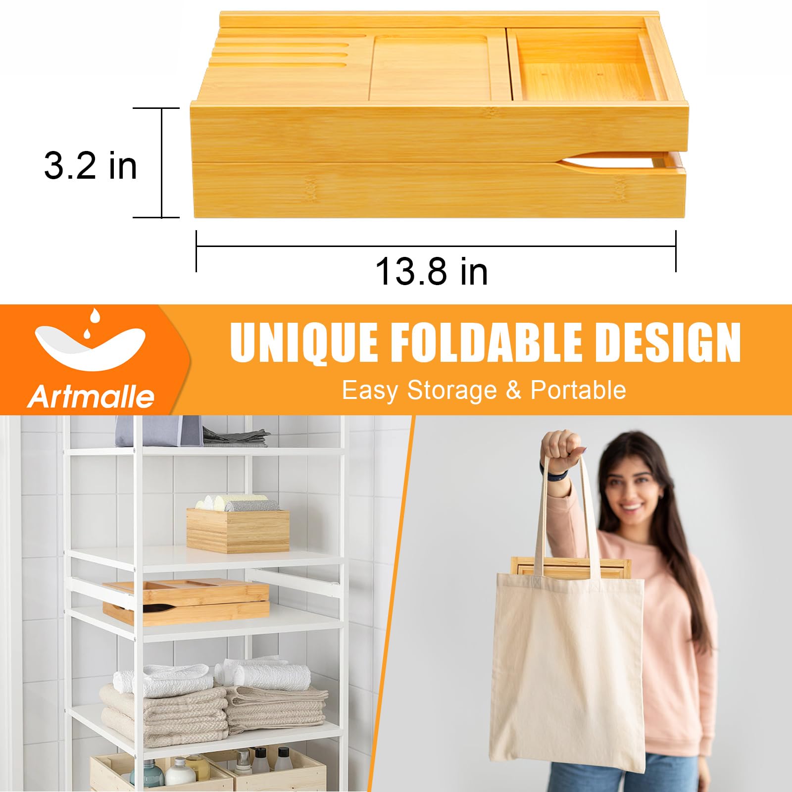 Artmalle Foldable Bathtub Tray For Tub, Bamboo Bathtub Caddy Tray Table With Book Stand For Luxury Bath, Bathroom Accessories Fo
