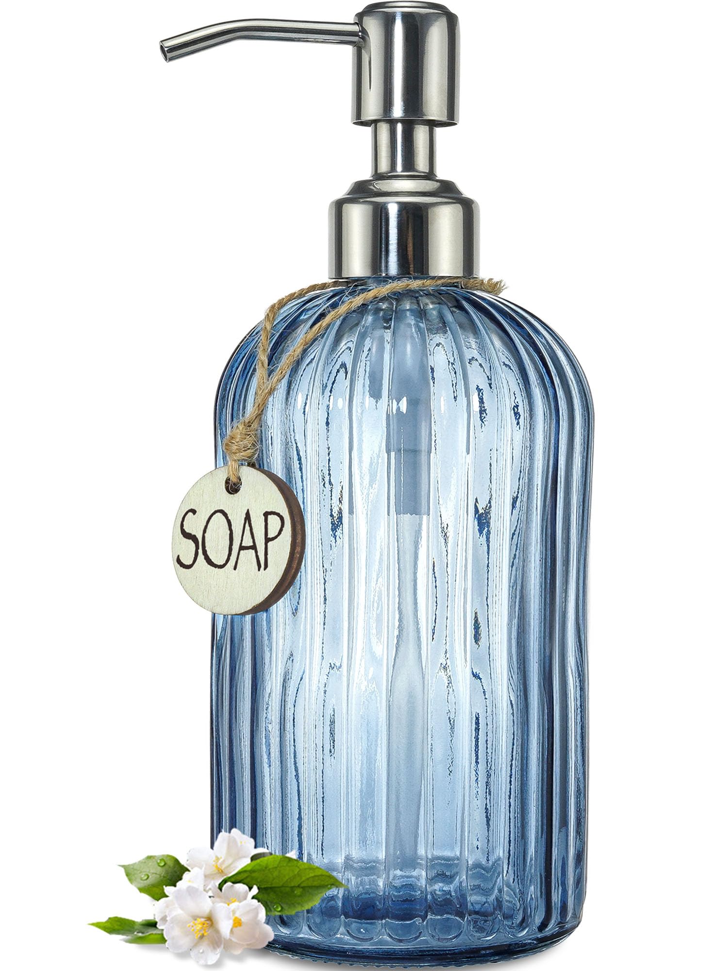 Jasai 18Oz Navy Blue Glass Soap Dispenser For Kitchen & Bathroom, Refillable Kitchen Soap Dispenser With Vertical Stripe, Bathro