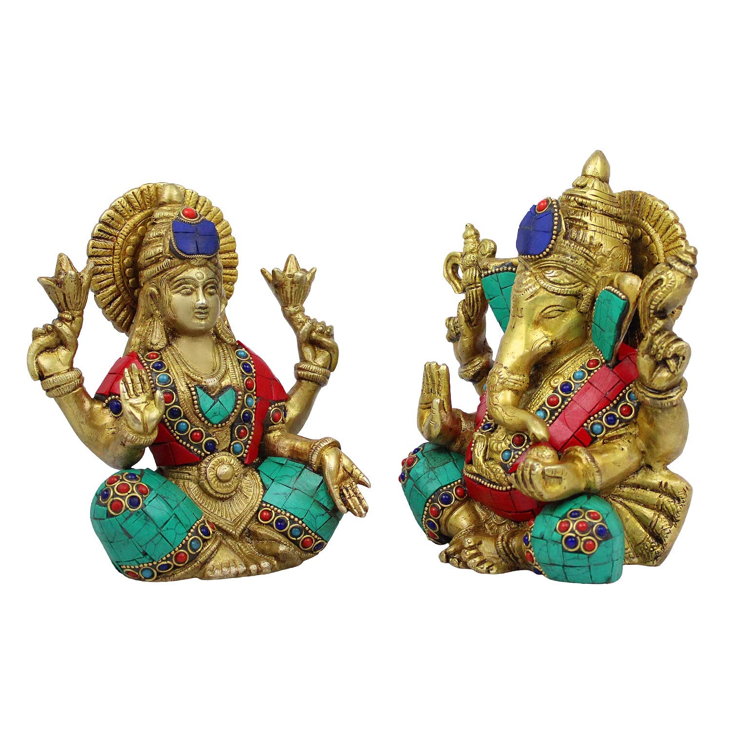 Kartique 3.5-Inch Brass Lakshmi Ganesh Idol Set With Multicolored Accents, Ideal For Home Decor And Pooja Room