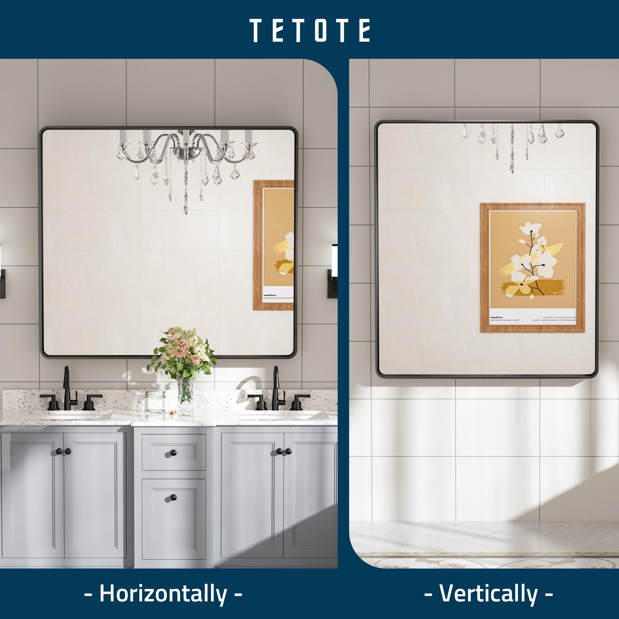 Tetote Black Framed Mirrors For Bathroom, 42 X 36 Inch Modern Decorative Wall Mounted Rectangle Matte Framed Vanity Mirror (Hori