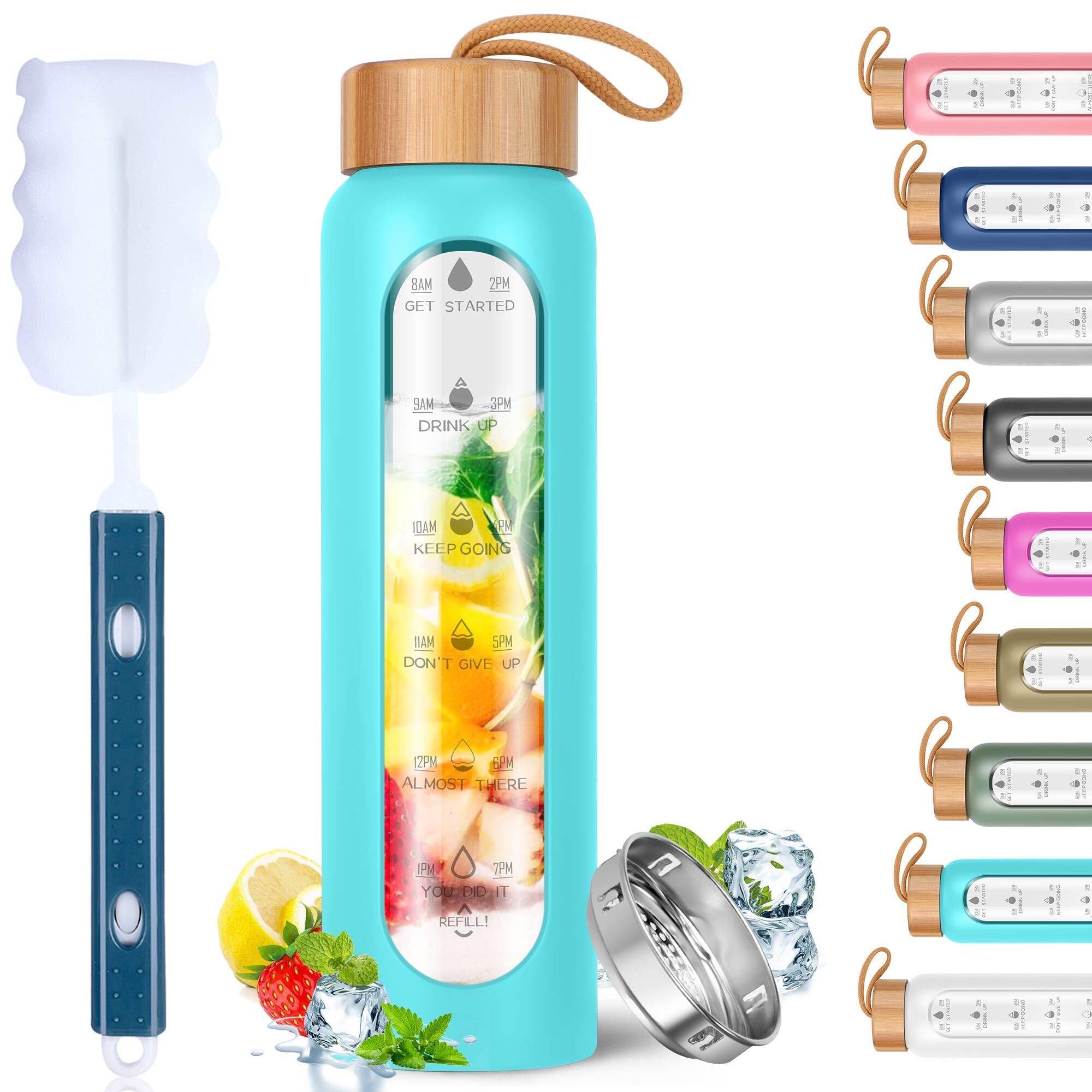 Aqulea 32 Oz Glass Water Bottle With Times To Drink - Bpa Free Reusable Wide Mouth Glass Motivational Water Bottles With Infuser