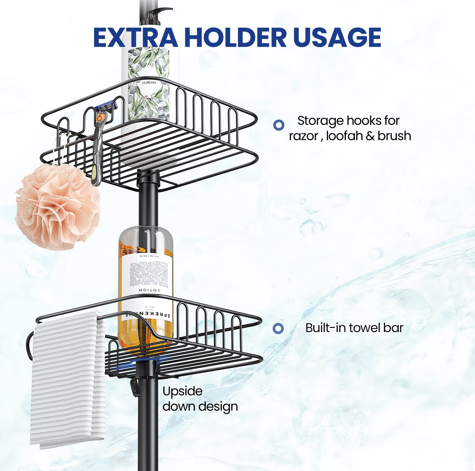 Seirione Rustproof Shower Corner Caddy Organizer For Bathroom, Freestanding Tension Pole With 4 Baskets, For Bathtub Shampoo Acc