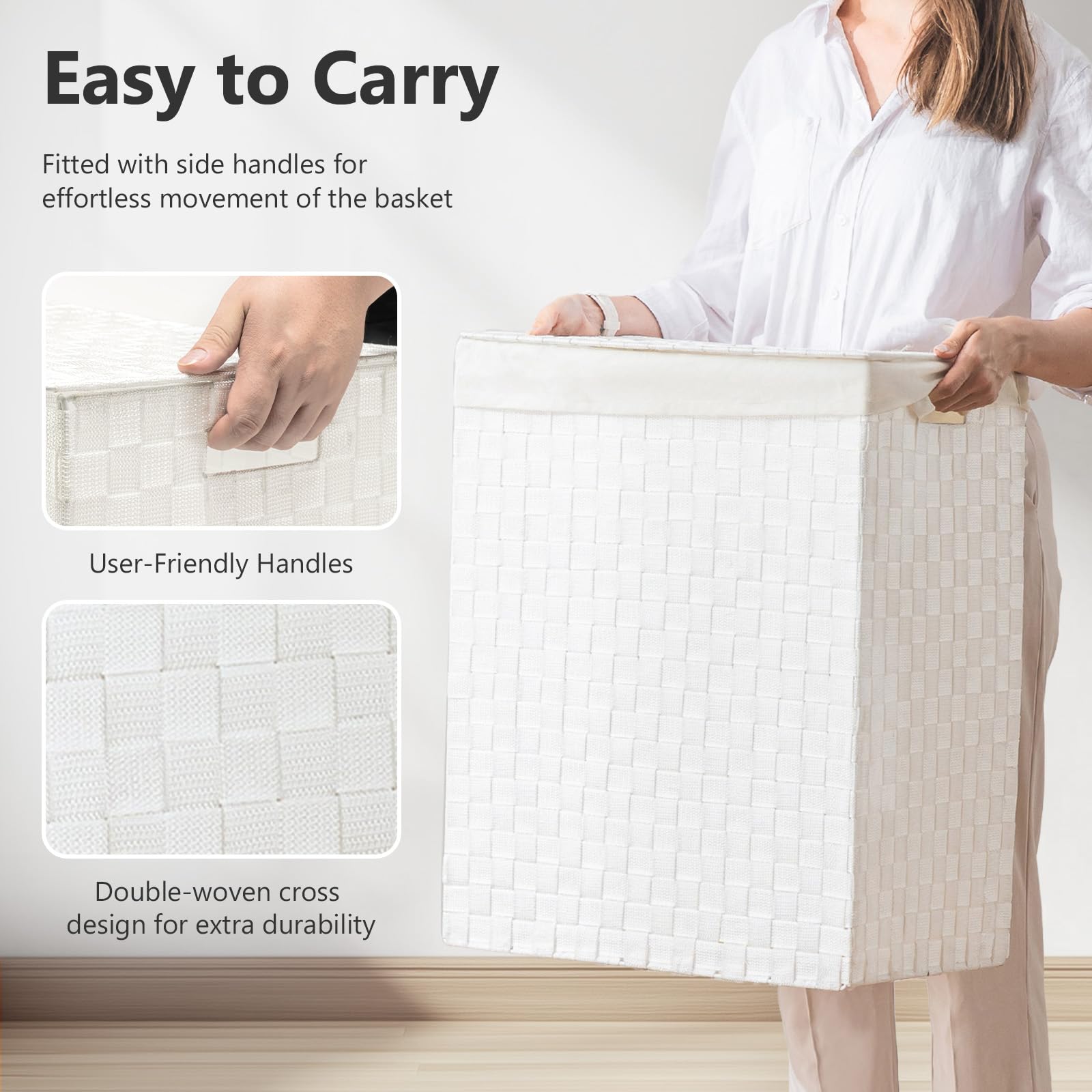 Fiona's magic Laundry Hamper Basket with Lid  Handwoven 90L Large Clothes Hamper with Removable Liner Bags  Collapsible White Tall Hamper for Bathroom  Bedroom and Dorm Room Organizer