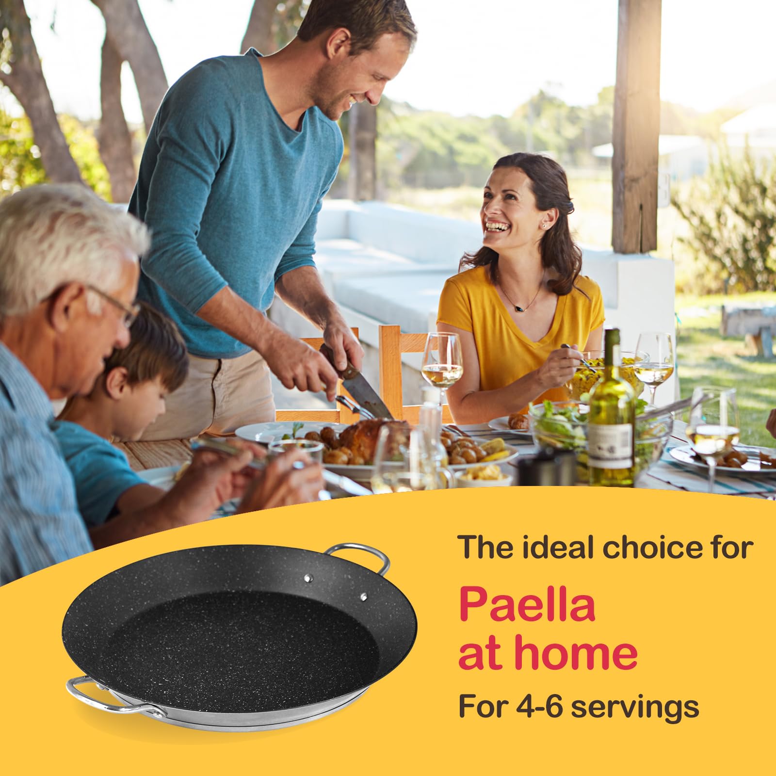 Activ Cuisine Paella Pan, 14 Inch Stainless Steel Paella Pan, Non-Stick Coating, Seafood And Meat For 6 Servings, Cooking Pan Su