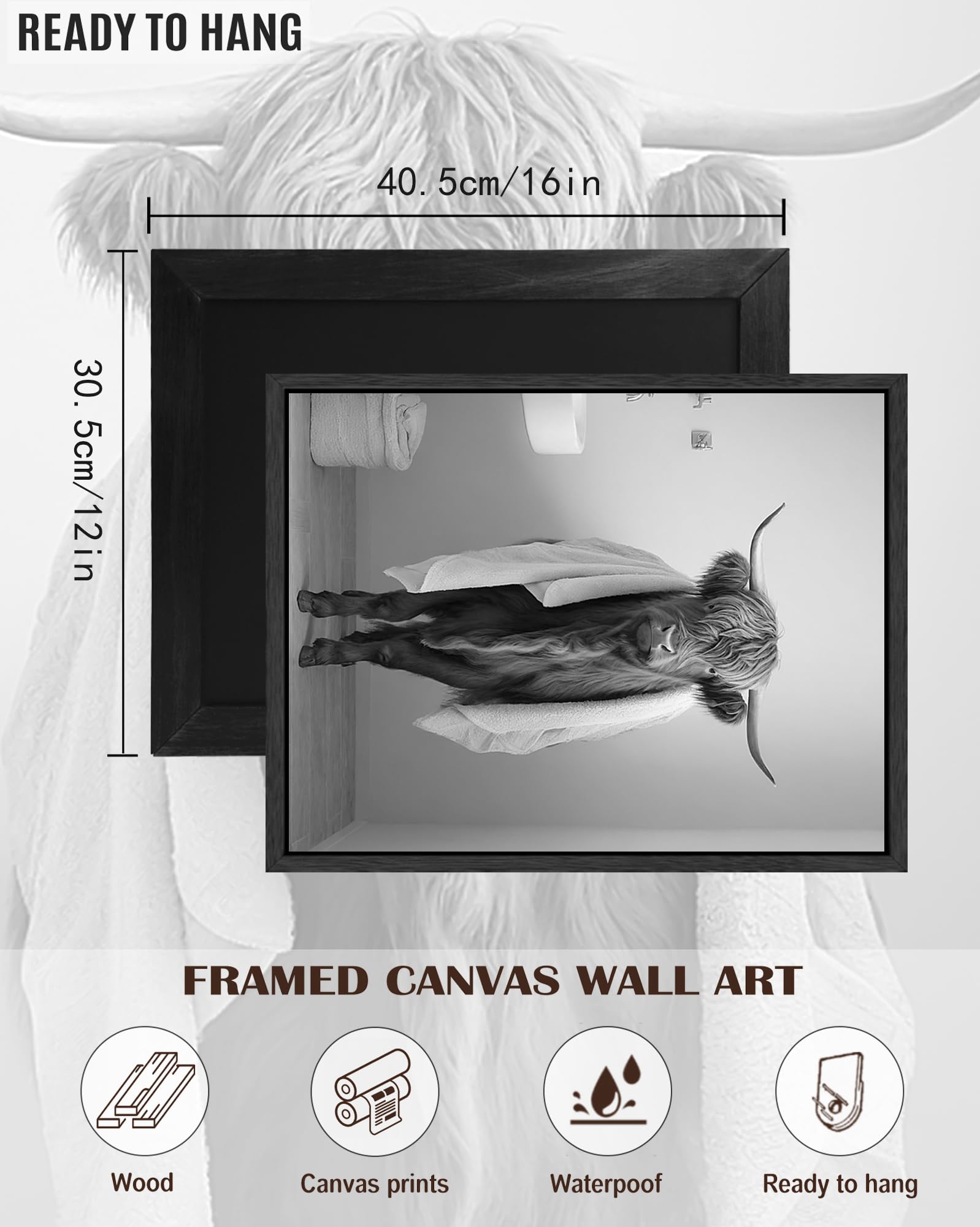Funny Highland Cow Bathroom Wall Art Framed Black And White Rustic Cute Bathroom Canvas Prints For Bathroom Restroom Decor 11X14