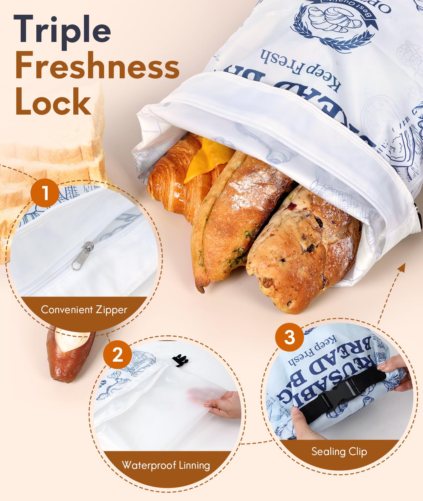 Optish 2 Pack Reusable Bread Bags for Homemade Sourdough, Lined with Zipper, Freezer Safe & BPA Free, Perfect for Gift Giving, W