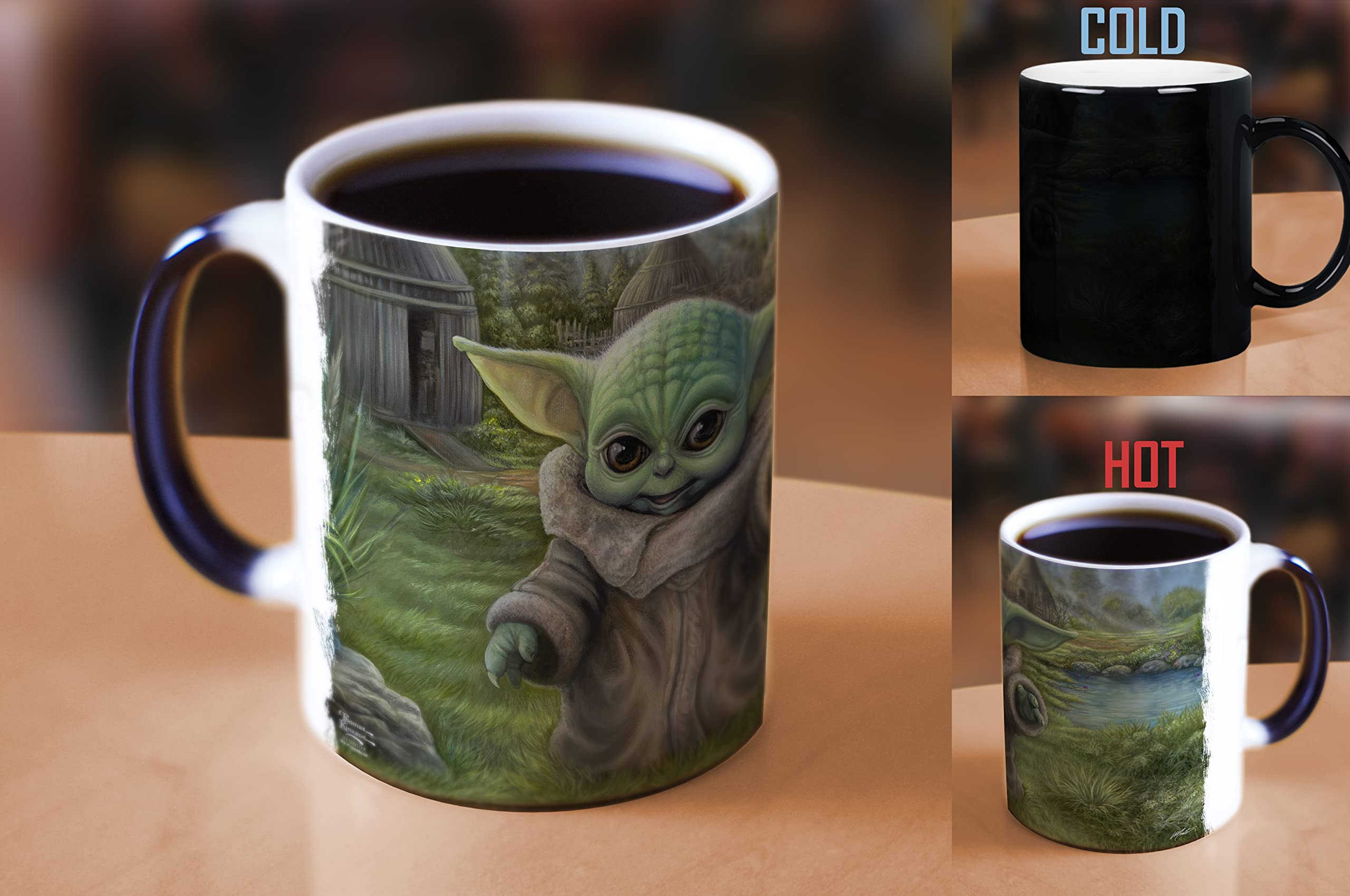 Morphing Mugs Star Wars - The Mandalorian - Childs Play - Thomas Kinkade - One 11 Oz Color Changing Ceramic Mug - Image Revealed