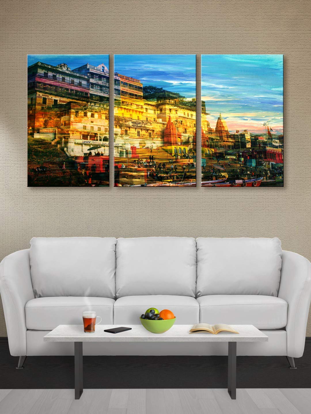 999Store wooden stretched canvas wall painting banaras ghat painting for living room bedroom home wall decor large size painting