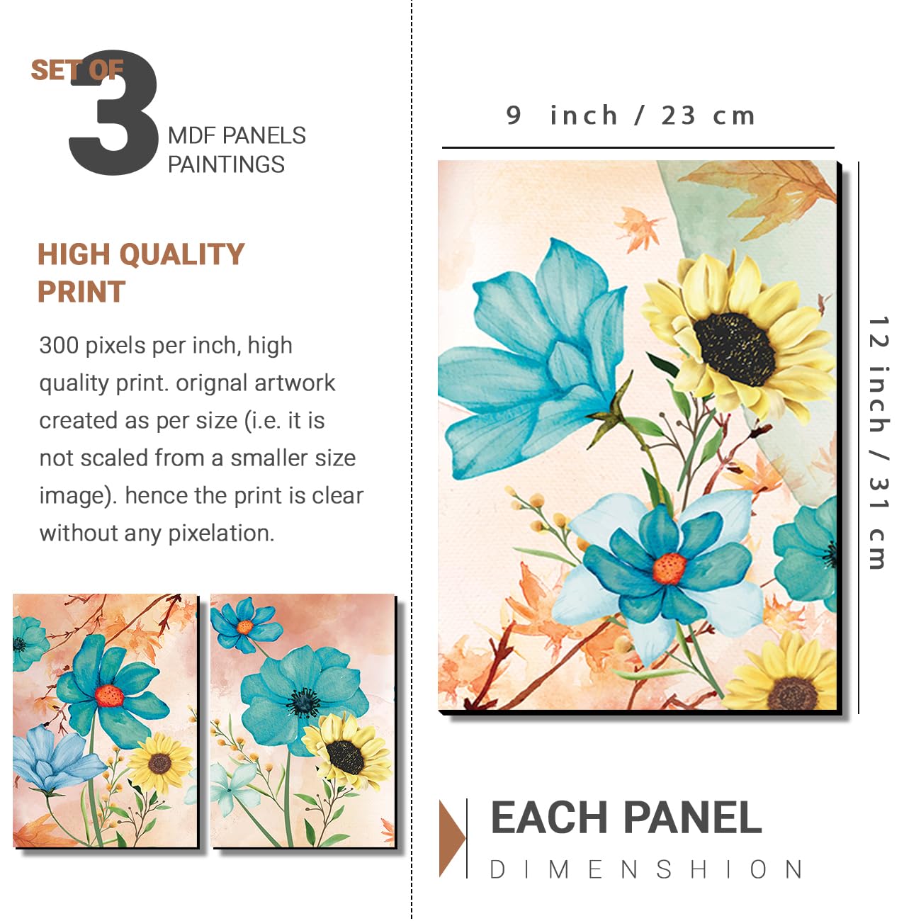 Kotart Modern Art Wall Decor Mdf Paintings For Bedroom Room Living Room -Kot212 (9 Inch X 12 Inch Panel) Set Of 3 (Multi)