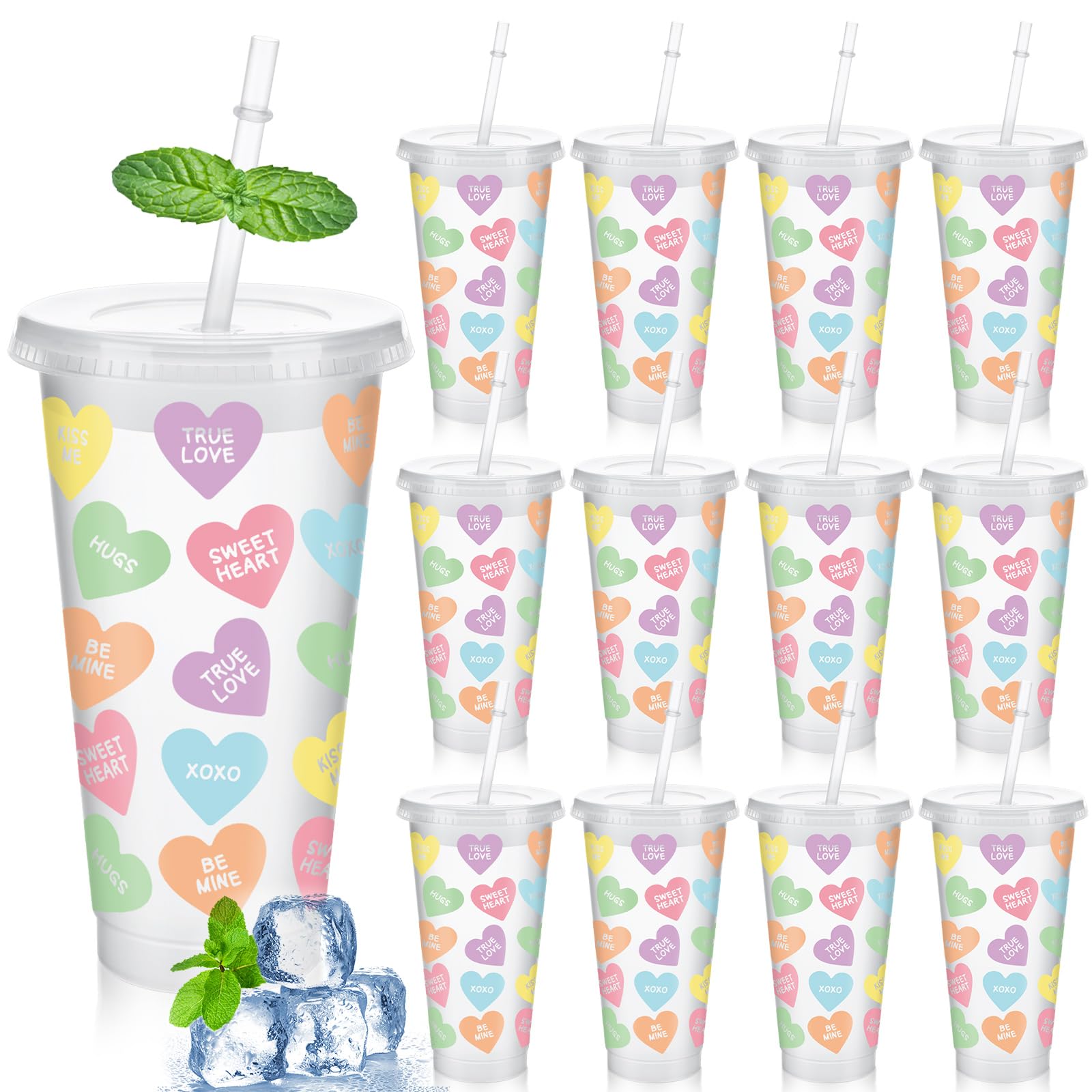 Silifine 12 Pcs 24 Oz Valentine'S Day Conversation Heart Plastic Cups With Lid And Straw Clear Candy Heart Shape Plastic Cup Bul