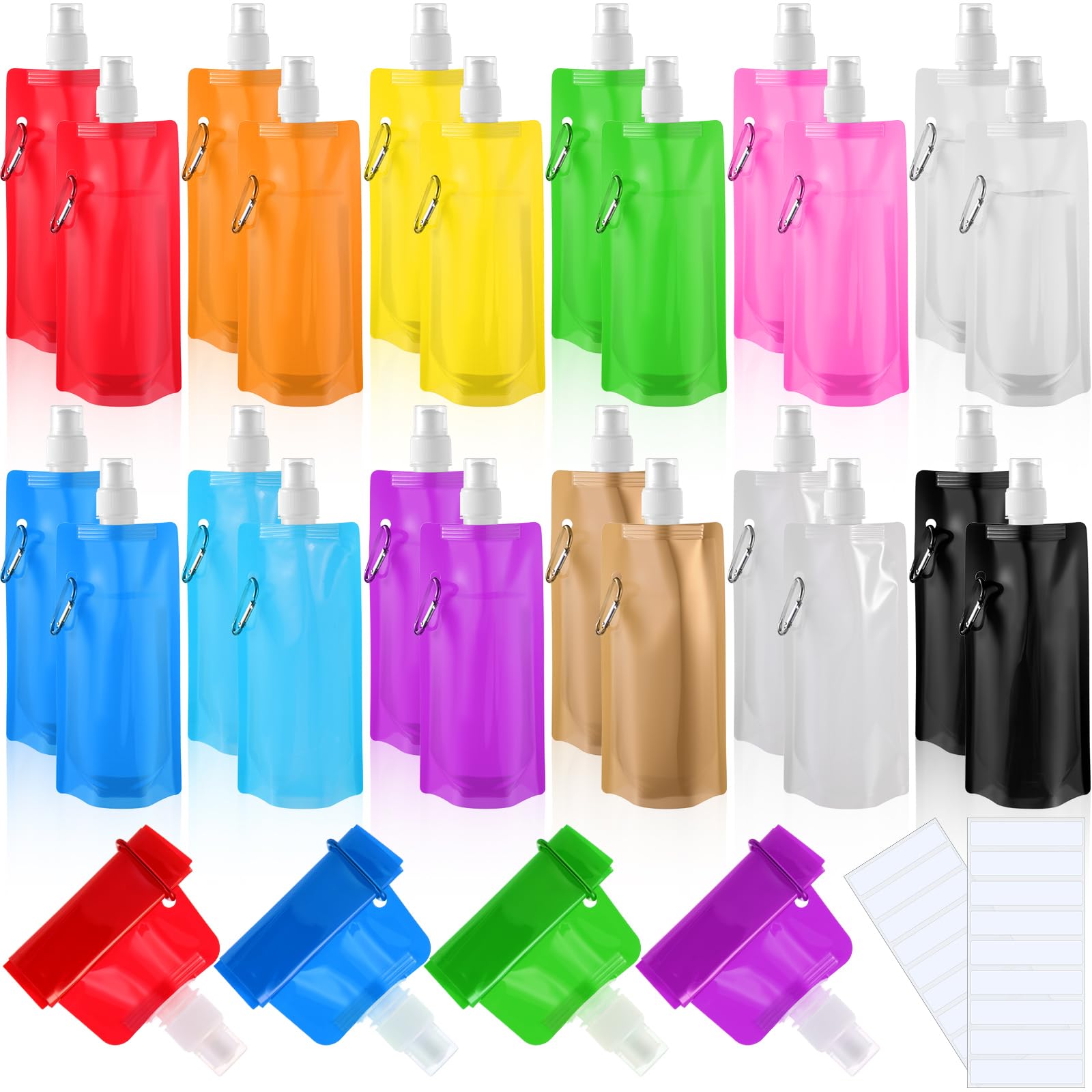 Teenyyou 24 Pack Collapsible Water Bottles Bulk 16oz Foldable Water Bottles with Carabiner Reusable Drinking Leak Proof Containe